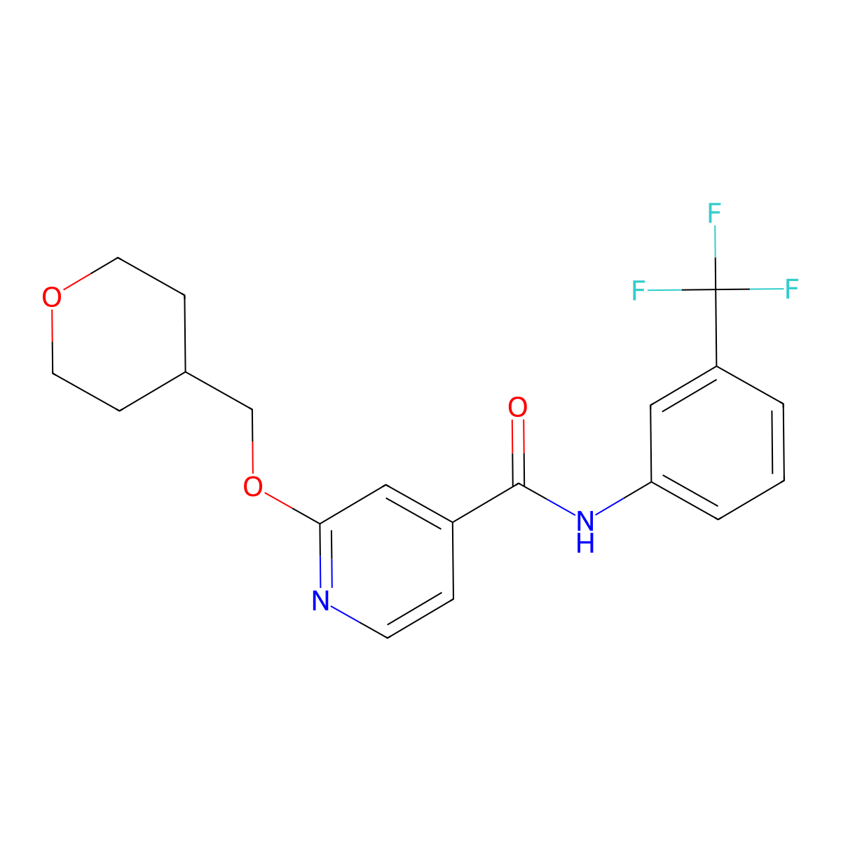 2-((tetrahydro-2H-pyran-4-yl)methoxy)-N-(3-(trifluoromethyl)phenyl)isonicotinamide molecular structure, CAS 2034296-42-7