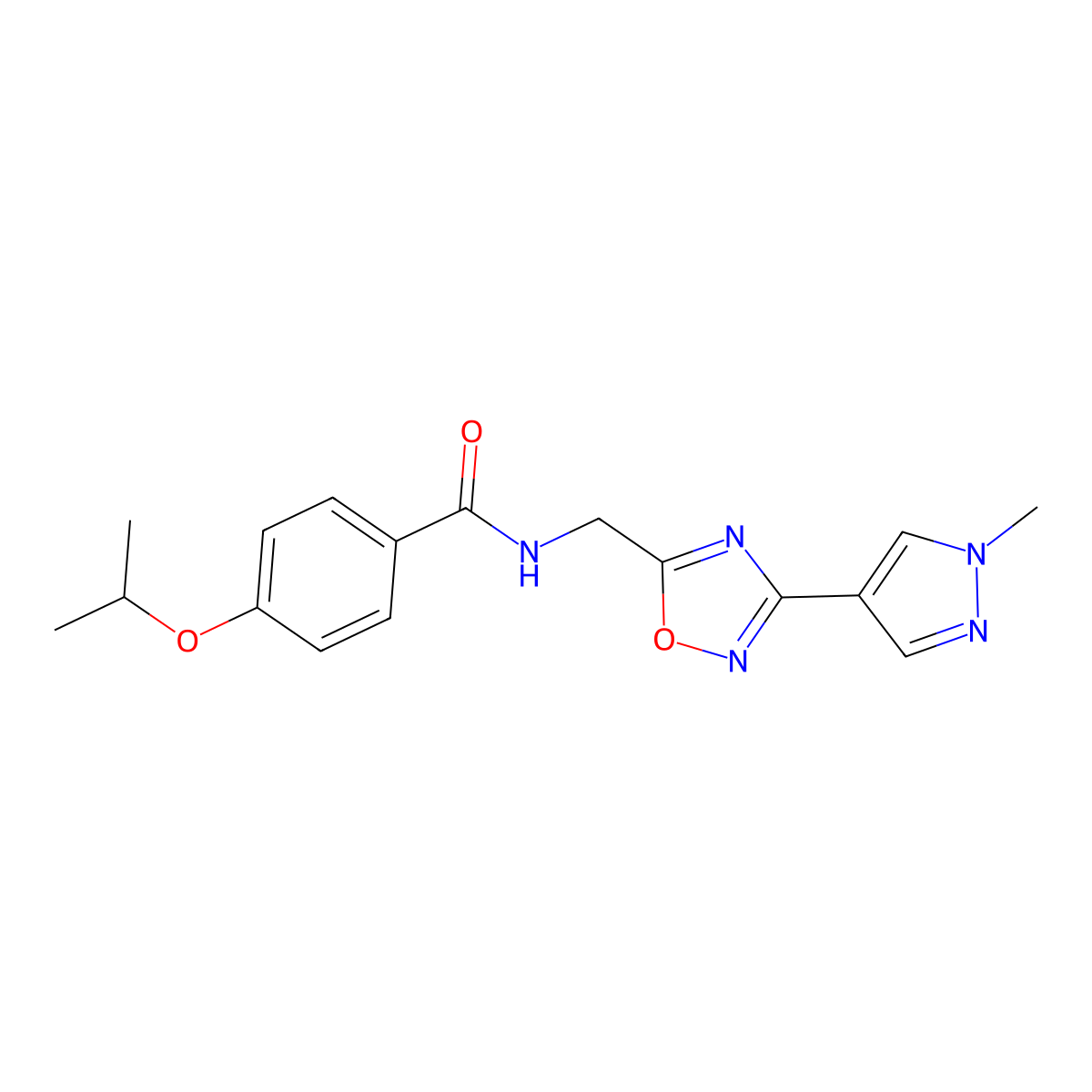 4-isopropoxy-N-((3-(1-methyl-1H-pyrazol-4-yl)-1,2,4-oxadiazol-5-yl)methyl)benzamide molecular structure, CAS 2034296-45-0