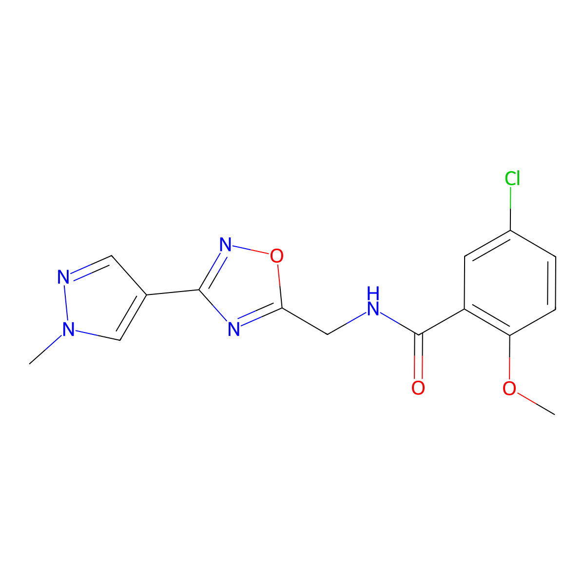 5-chloro-2-methoxy-N-((3-(1-methyl-1H-pyrazol-4-yl)-1,2,4-oxadiazol-5-yl)methyl)benzamide molecular structure, CAS 2034296-54-1