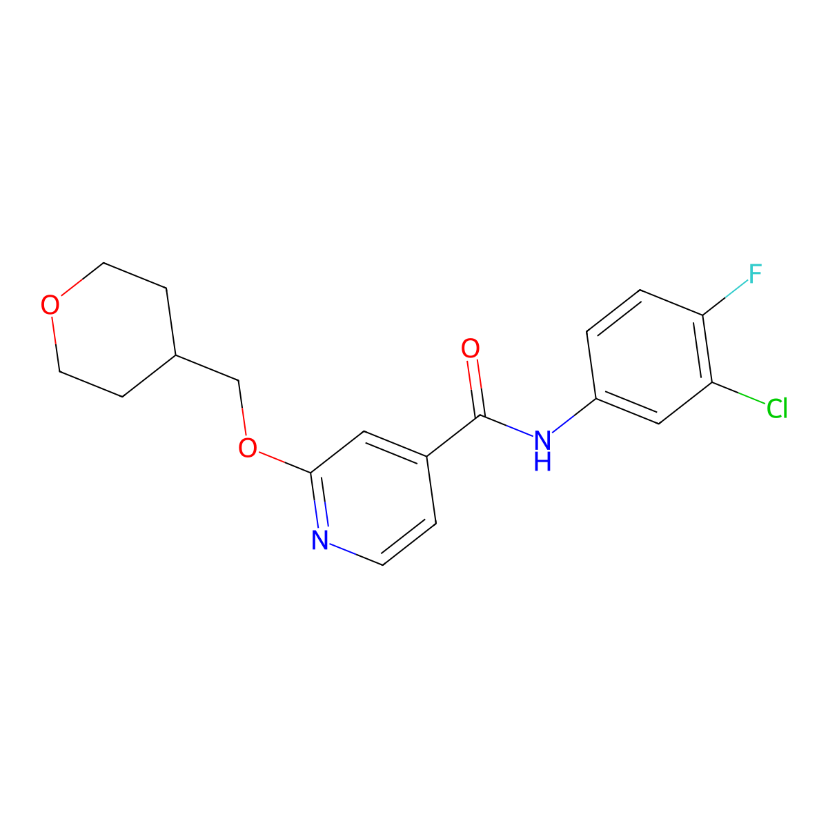 N-(3-chloro-4-fluorophenyl)-2-((tetrahydro-2H-pyran-4-yl)methoxy)isonicotinamide molecular structure, CAS 2034296-62-1