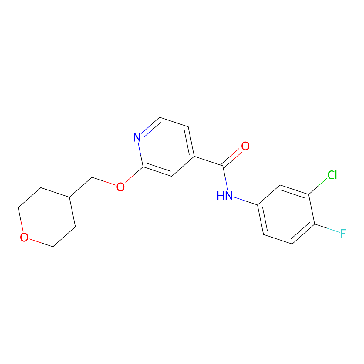 N-(3-chloro-4-fluorophenyl)-2-((tetrahydro-2H-pyran-4-yl)methoxy)isonicotinamide molecular structure, CAS 2034296-62-1