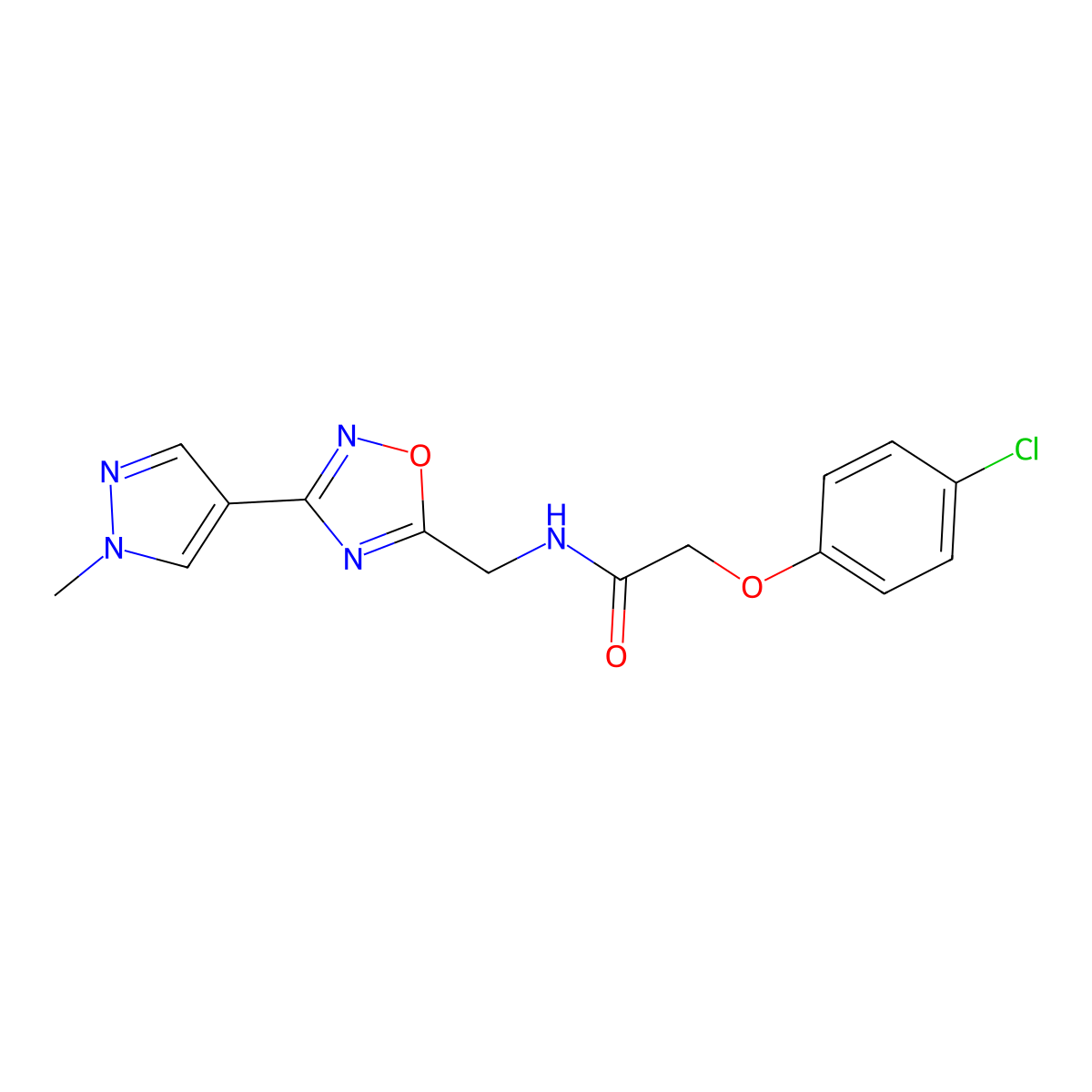 2-(4-chlorophenoxy)-N-((3-(1-methyl-1H-pyrazol-4-yl)-1,2,4-oxadiazol-5-yl)methyl)acetamide molecular structure, CAS 2034296-63-2