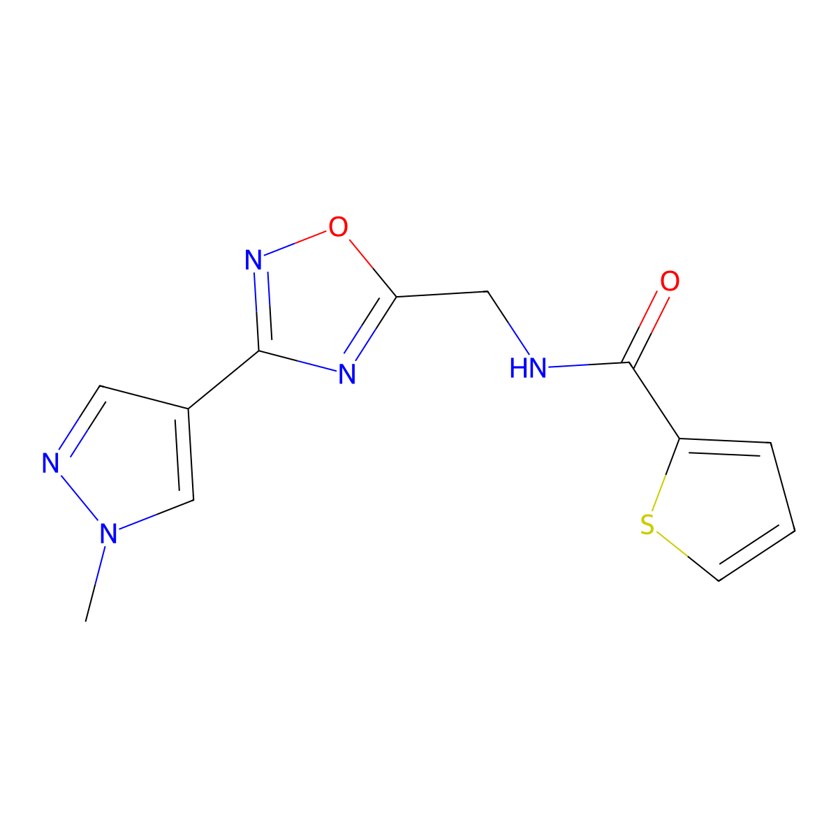 N-((3-(1-methyl-1H-pyrazol-4-yl)-1,2,4-oxadiazol-5-yl)methyl)thiophene-2-carboxamide molecular structure, CAS 2034296-73-4