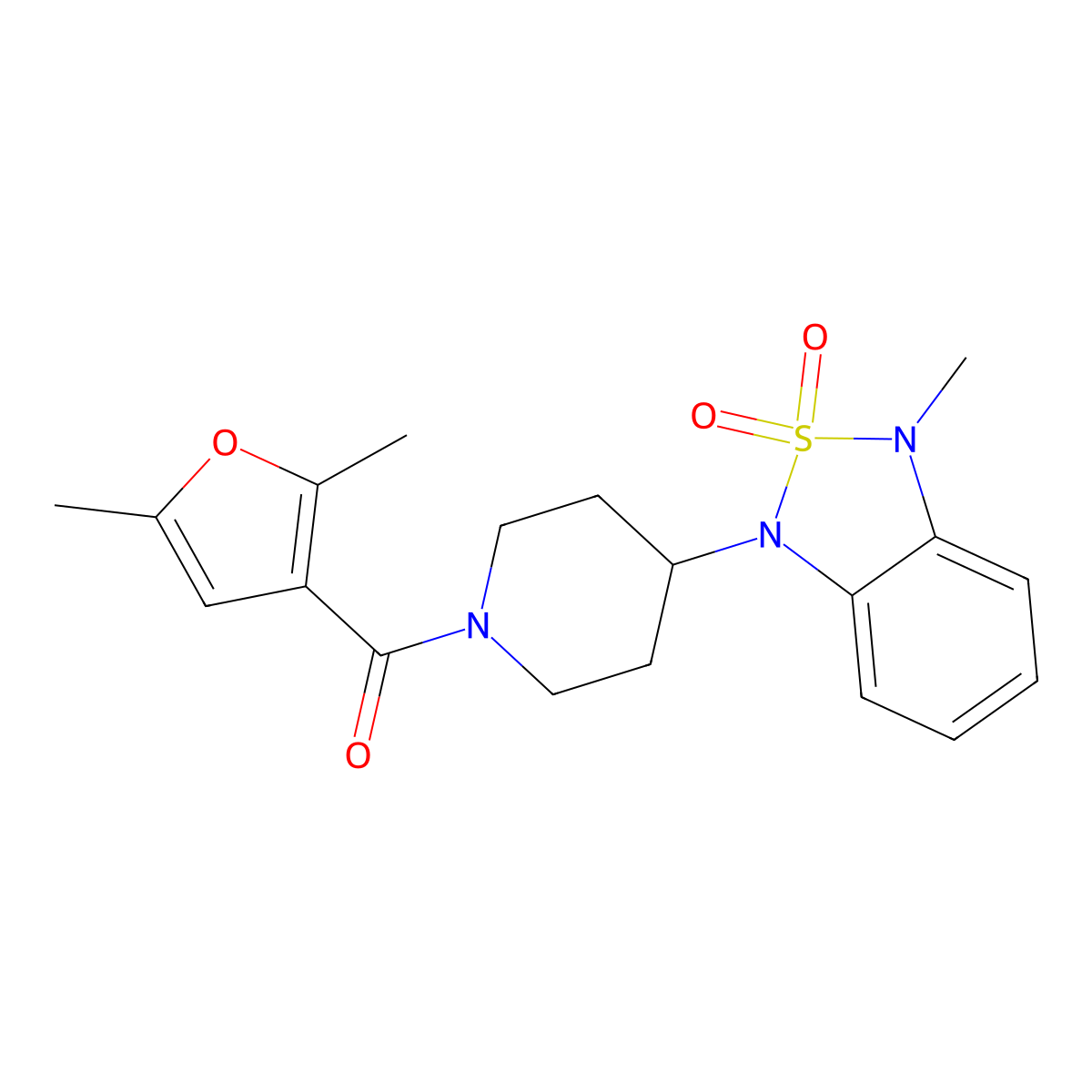 (2,5-dimethylfuran-3-yl)(4-(3-methyl-2,2-dioxidobenzo[c][1,2,5]thiadiazol-1(3H)-yl)piperidin-1-yl)methanone molecular structure, CAS 2034296-76-7