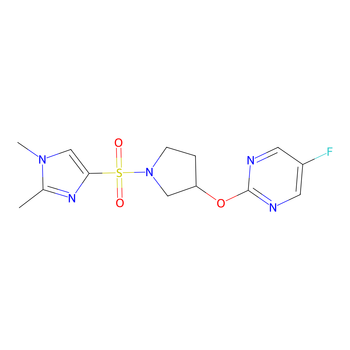 2-((1-((1,2-dimethyl-1H-imidazol-4-yl)sulfonyl)pyrrolidin-3-yl)oxy)-5-fluoropyrimidine molecular structure, CAS 2034296-77-8