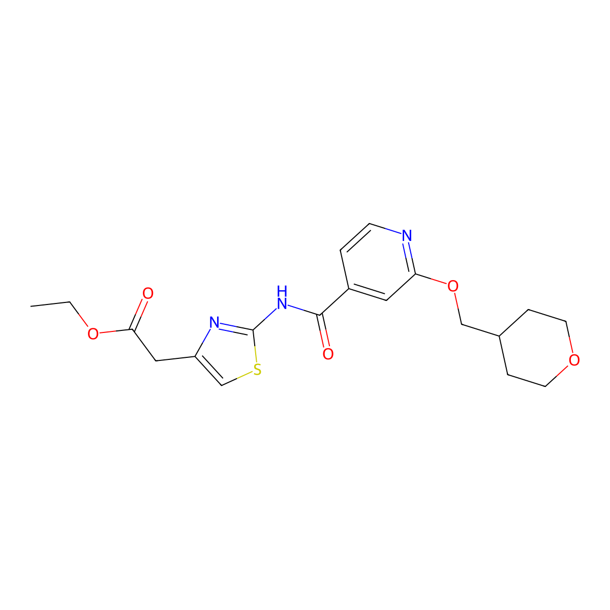 ethyl 2-(2-(2-((tetrahydro-2H-pyran-4-yl)methoxy)isonicotinamido)thiazol-4-yl)acetate molecular structure, CAS 2034296-78-9