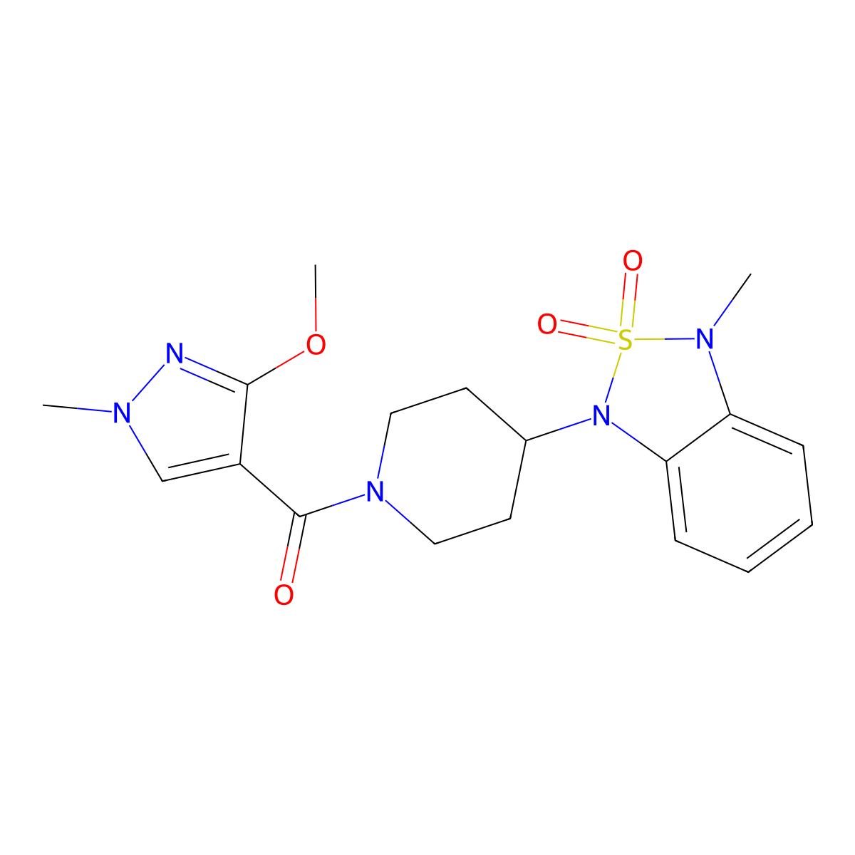 (3-methoxy-1-methyl-1H-pyrazol-4-yl)(4-(3-methyl-2,2-dioxidobenzo[c][1,2,5]thiadiazol-1(3H)-yl)piperidin-1-yl)methanone molecular structure, CAS 2034296-87-0