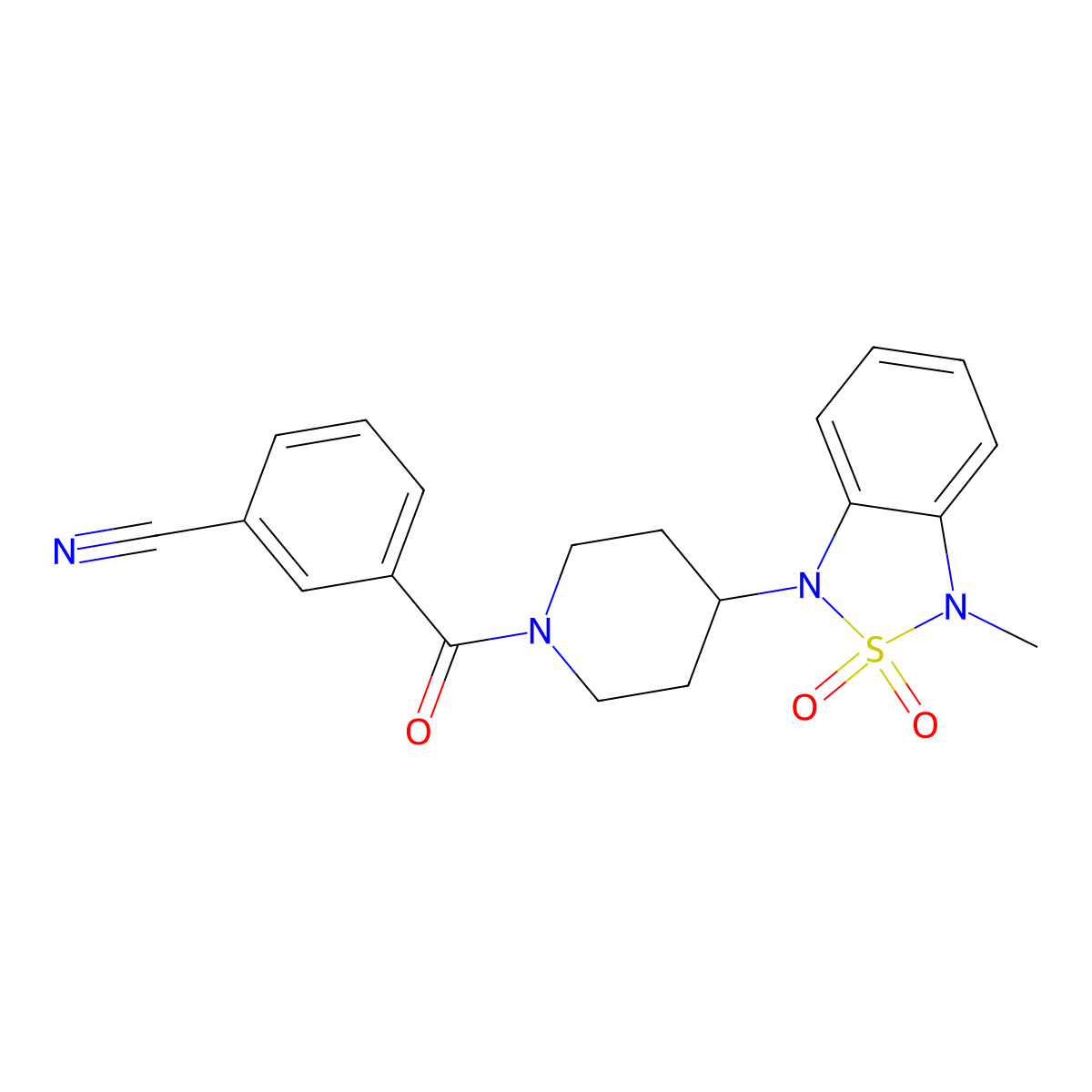 3-[4-(3-Methyl-2,2-dioxo-1,3-dihydro-2lambda6,1,3-benzothiadiazol-1-yl)piperidine-1-carbonyl]benzonitrile molecular structure, CAS 2034297-02-2