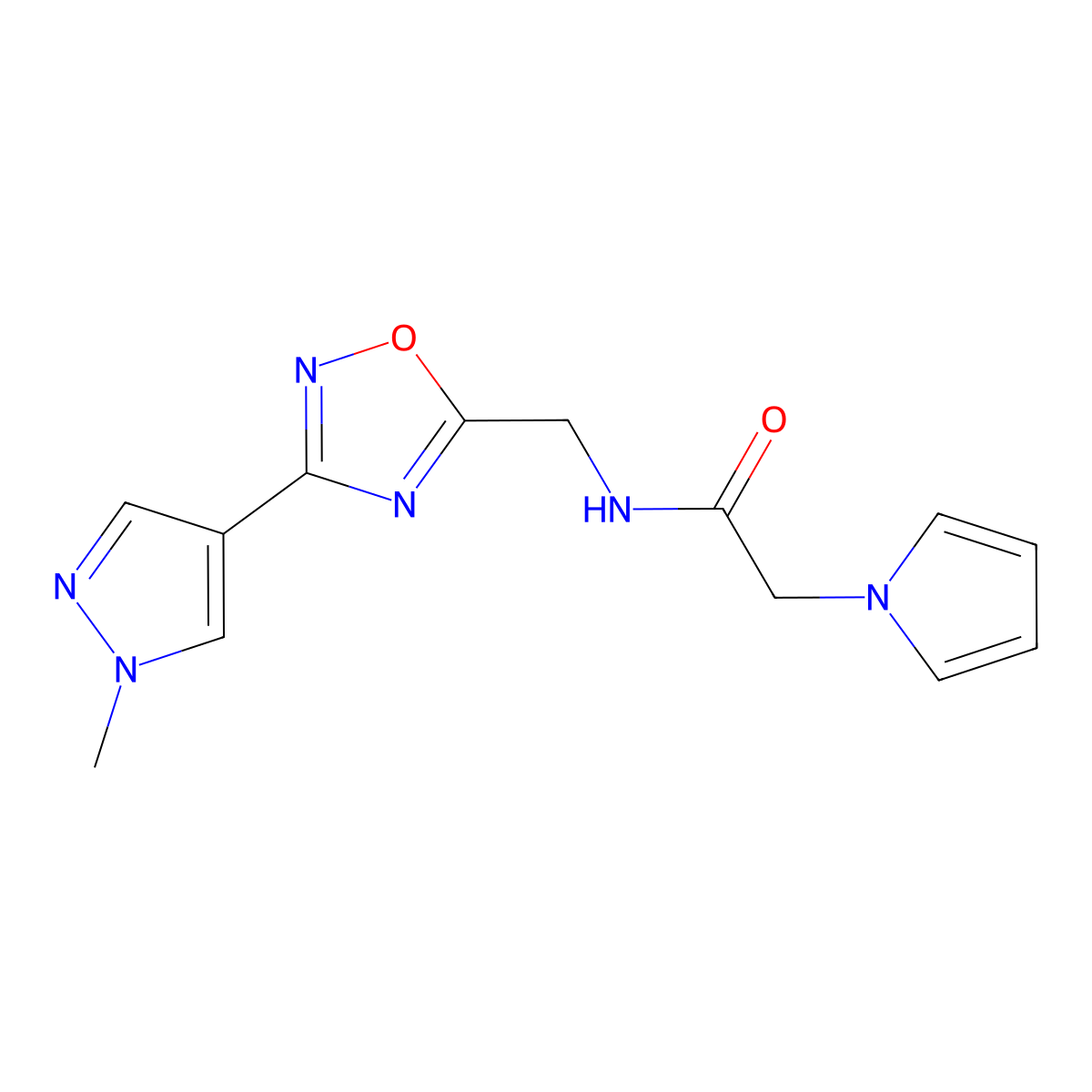 N-((3-(1-methyl-1H-pyrazol-4-yl)-1,2,4-oxadiazol-5-yl)methyl)-2-(1H-pyrrol-1-yl)acetamide molecular structure, CAS 2034297-03-3