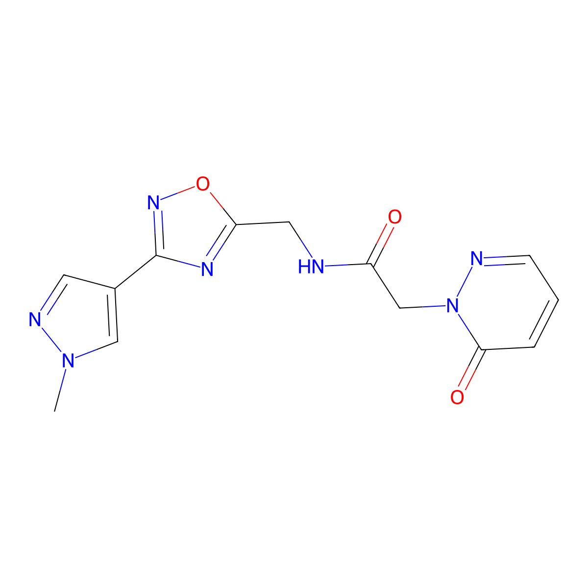 N-((3-(1-methyl-1H-pyrazol-4-yl)-1,2,4-oxadiazol-5-yl)methyl)-2-(6-oxopyridazin-1(6H)-yl)acetamide molecular structure, CAS 2034297-14-6