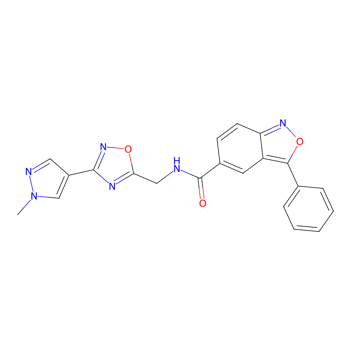 N-((3-(1-methyl-1H-pyrazol-4-yl)-1,2,4-oxadiazol-5-yl)methyl)-3-phenylbenzo[c]isoxazole-5-carboxamide molecular structure, CAS 2034297-25-9