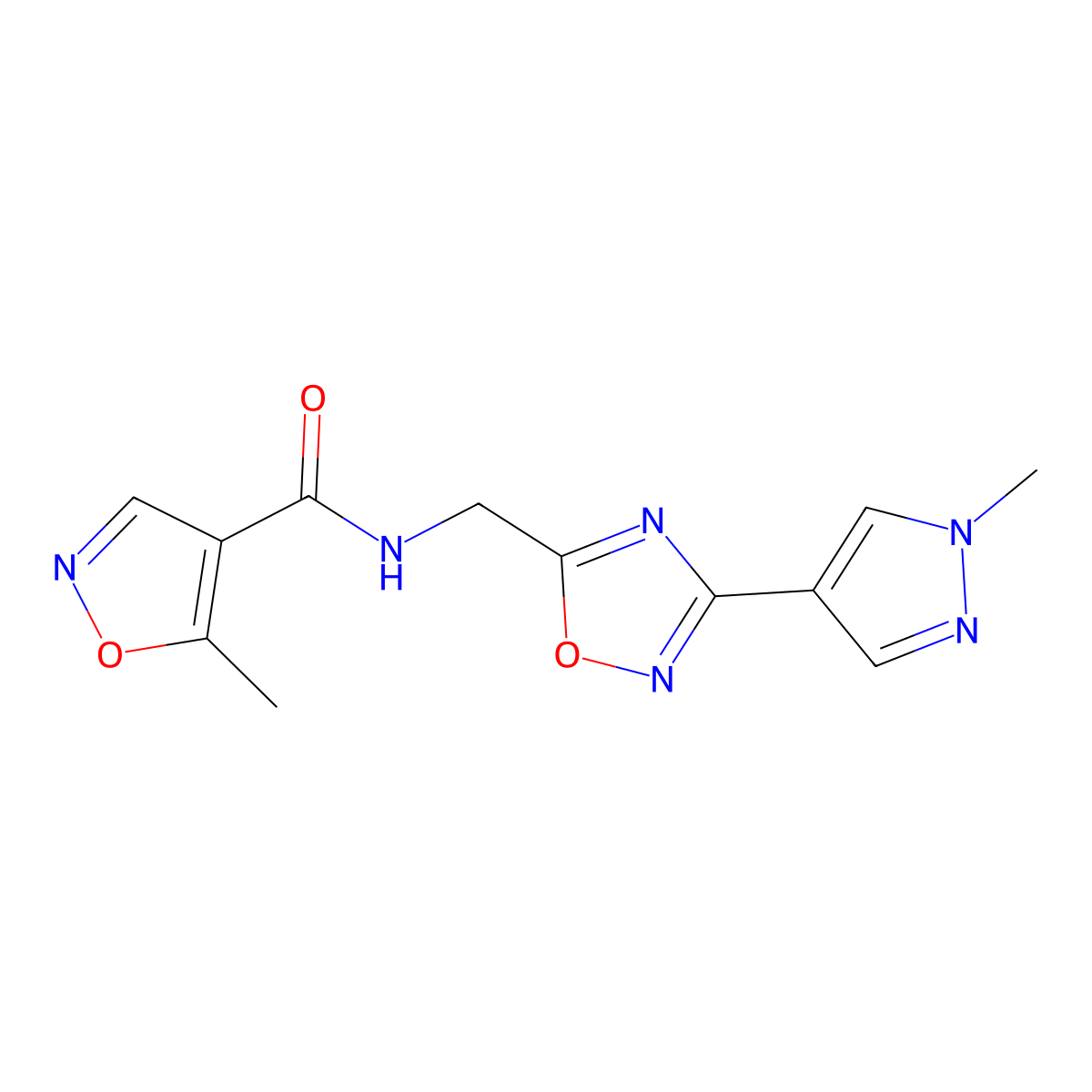 5-methyl-N-((3-(1-methyl-1H-pyrazol-4-yl)-1,2,4-oxadiazol-5-yl)methyl)isoxazole-4-carboxamide molecular structure, CAS 2034297-33-9