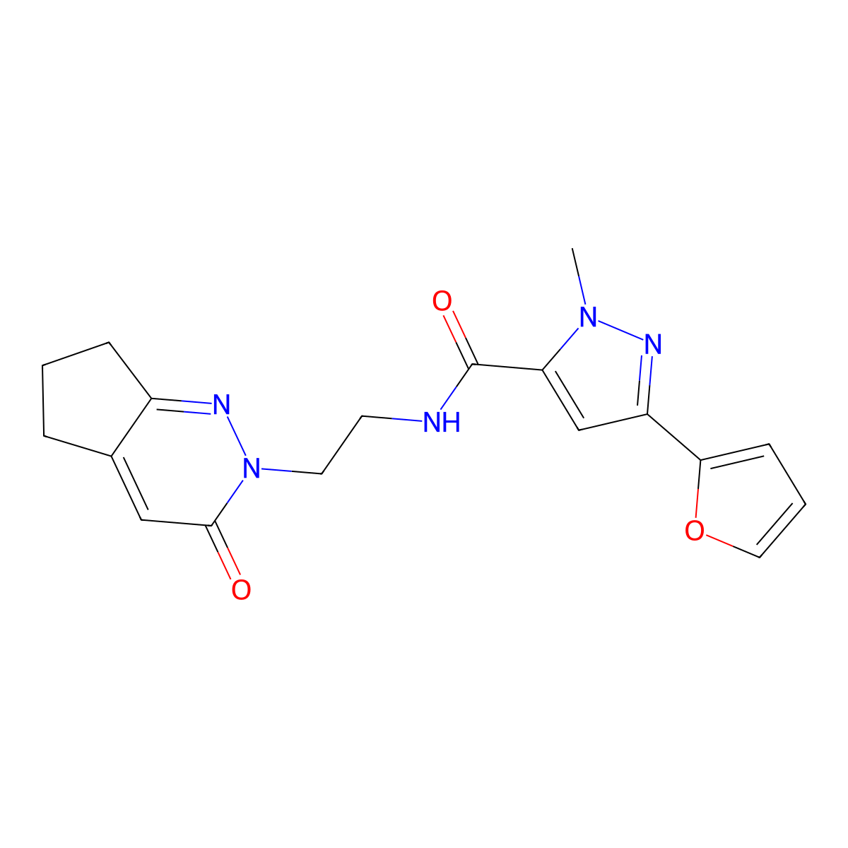 3-(furan-2-yl)-1-methyl-N-(2-(3-oxo-3,5,6,7-tetrahydro-2H-cyclopenta[c]pyridazin-2-yl)ethyl)-1H-pyrazole-5-carboxamide molecular structure, CAS 2034297-36-2