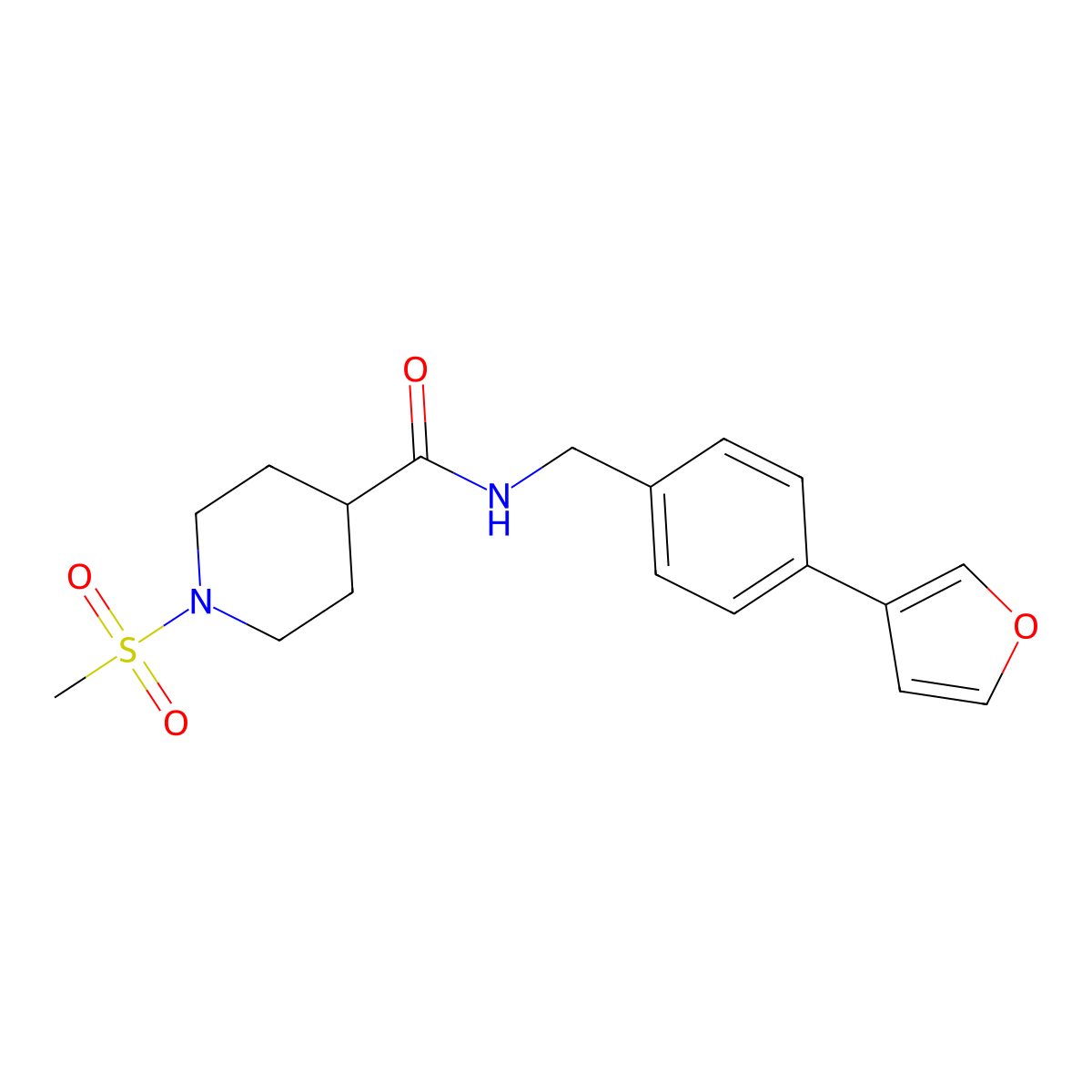 N-(4-(furan-3-yl)benzyl)-1-(methylsulfonyl)piperidine-4-carboxamide molecular structure, CAS 2034297-40-8
