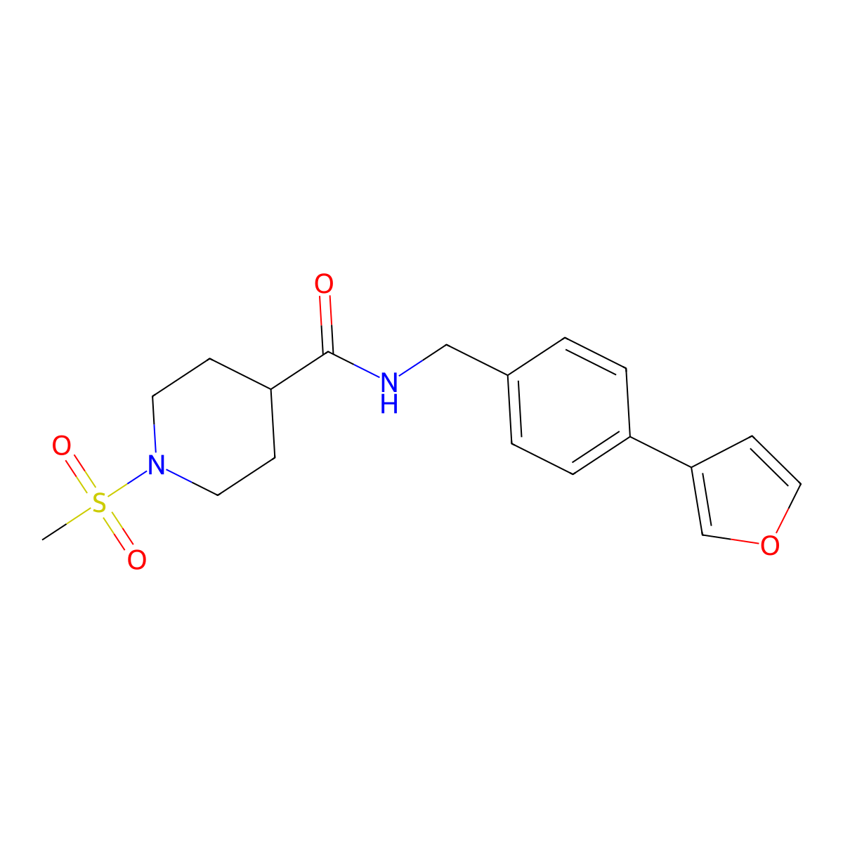 N-(4-(furan-3-yl)benzyl)-1-(methylsulfonyl)piperidine-4-carboxamide molecular structure, CAS 2034297-40-8
