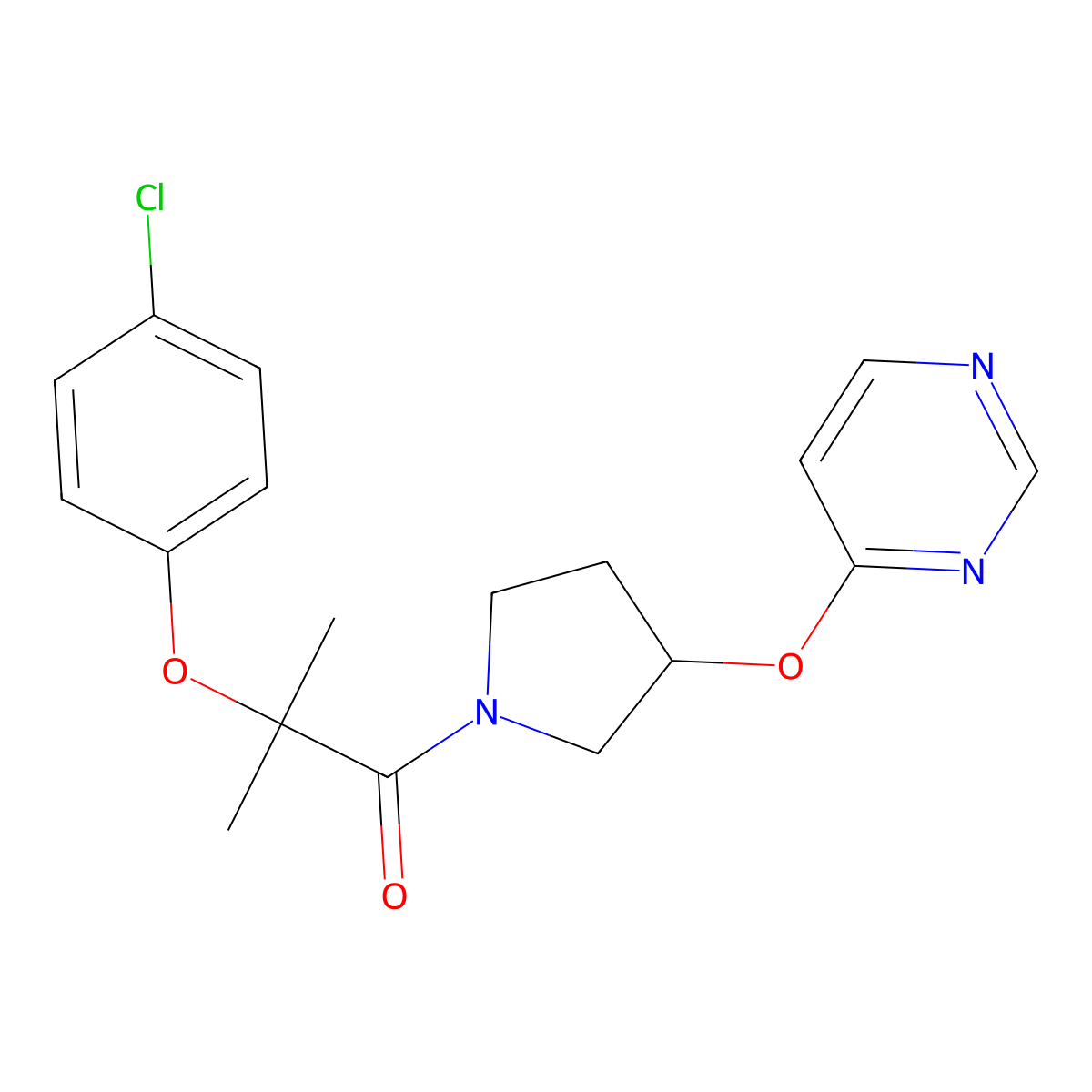 2-(4-Chlorophenoxy)-2-methyl-1-(3-(pyrimidin-4-yloxy)pyrrolidin-1-yl)propan-1-one molecular structure, CAS 2034297-43-1