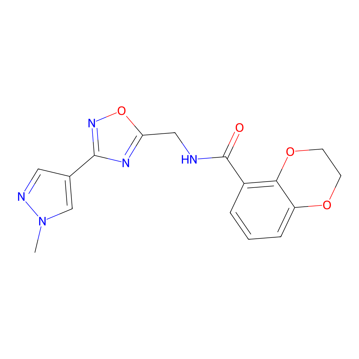 N-((3-(1-methyl-1H-pyrazol-4-yl)-1,2,4-oxadiazol-5-yl)methyl)-2,3-dihydrobenzo[b][1,4]dioxine-5-carboxamide molecular structure, CAS 2034297-45-3