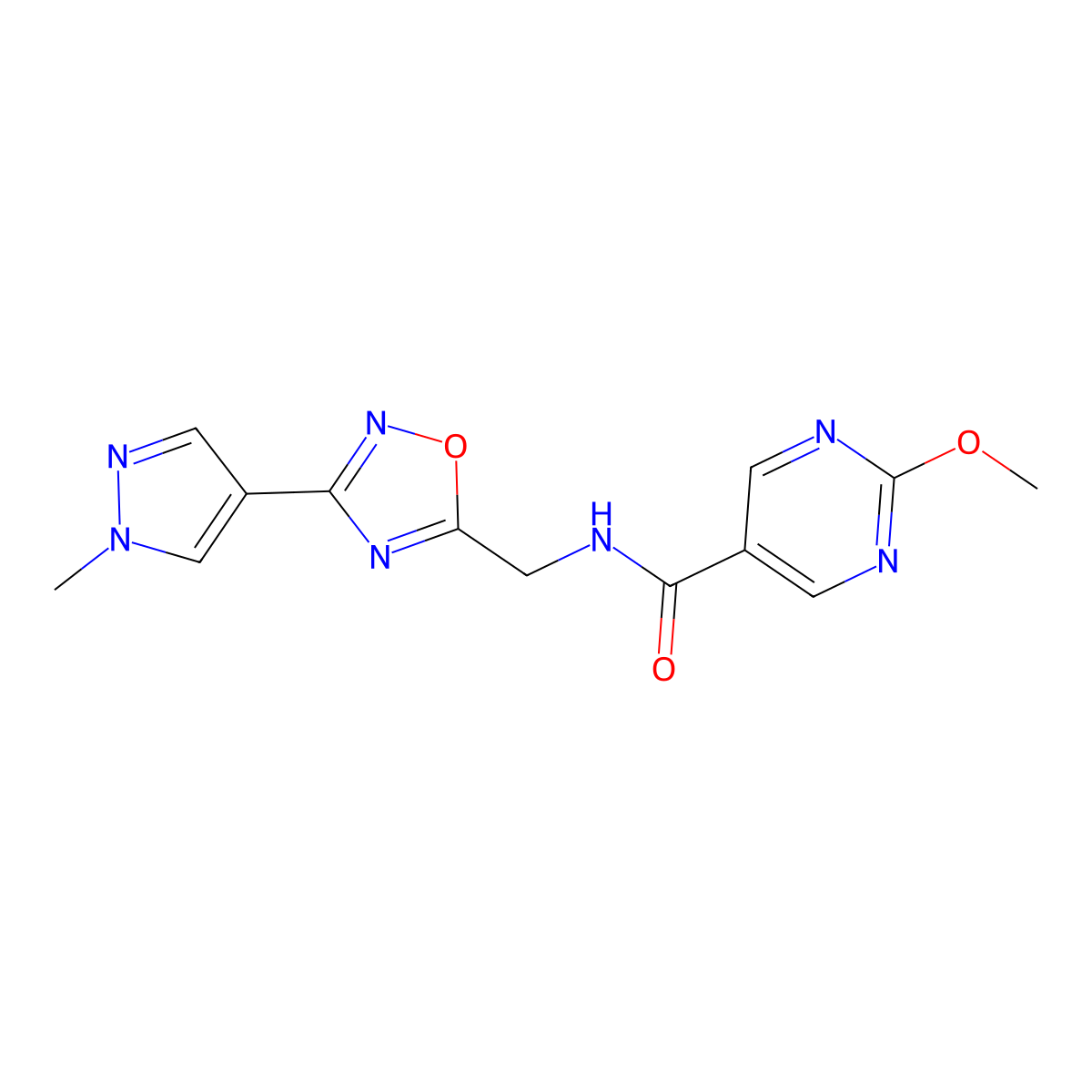 2-methoxy-N-{[3-(1-methyl-1H-pyrazol-4-yl)-1,2,4-oxadiazol-5-yl]methyl}pyrimidine-5-carboxamide molecular structure, CAS 2034297-51-1