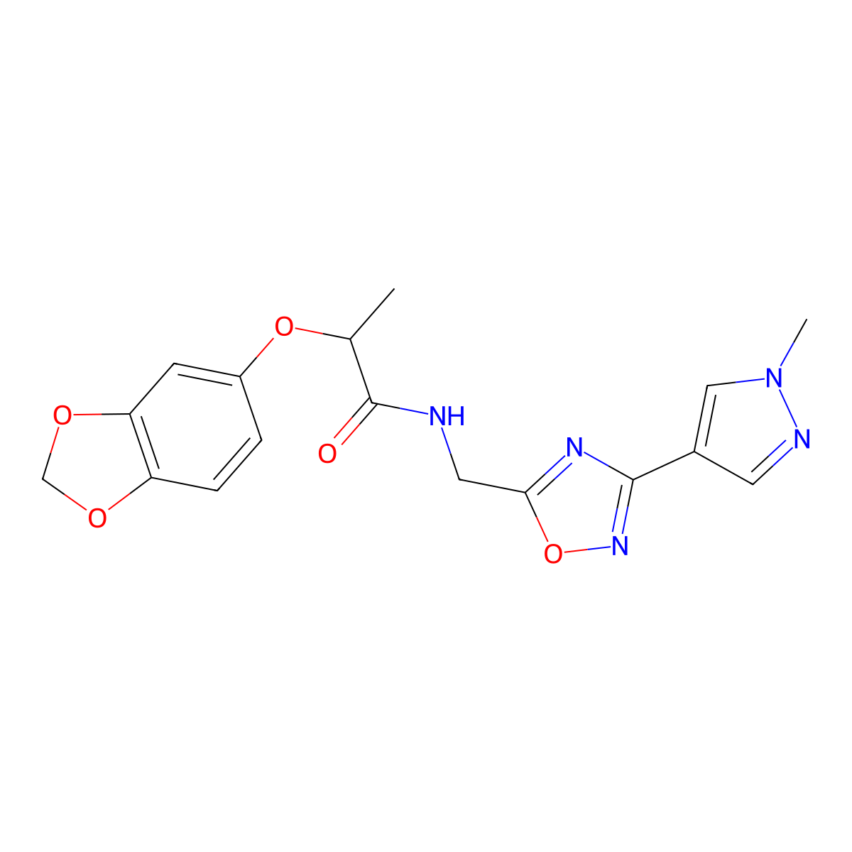 2-(benzo[d][1,3]dioxol-5-yloxy)-N-((3-(1-methyl-1H-pyrazol-4-yl)-1,2,4-oxadiazol-5-yl)methyl)propanamide molecular structure, CAS 2034297-60-2