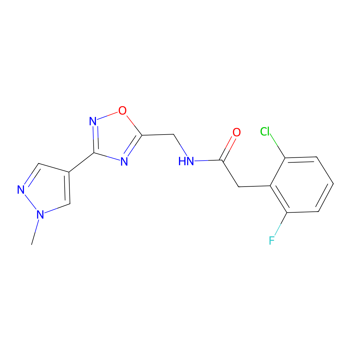 2-(2-chloro-6-fluorophenyl)-N-((3-(1-methyl-1H-pyrazol-4-yl)-1,2,4-oxadiazol-5-yl)methyl)acetamide molecular structure, CAS 2034297-71-5