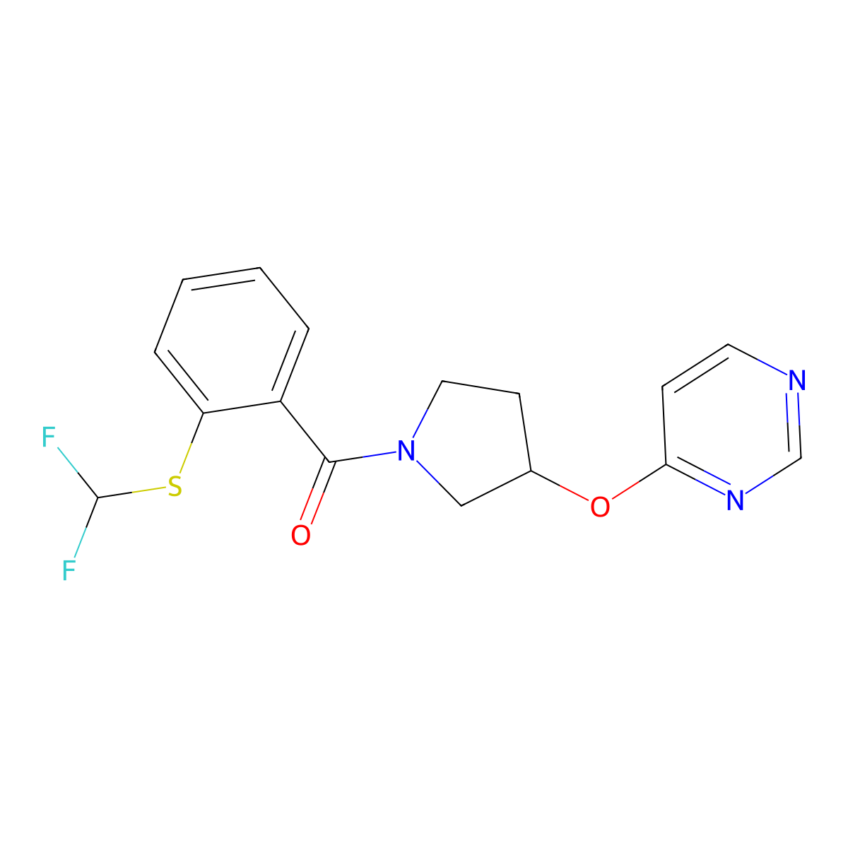 (2-((Difluoromethyl)thio)phenyl)(3-(pyrimidin-4-yloxy)pyrrolidin-1-yl)methanone molecular structure, CAS 2034297-75-9