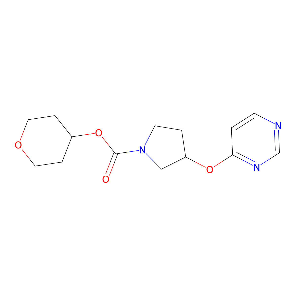 tetrahydro-2H-pyran-4-yl 3-(pyrimidin-4-yloxy)pyrrolidine-1-carboxylate molecular structure, CAS 2034297-79-3