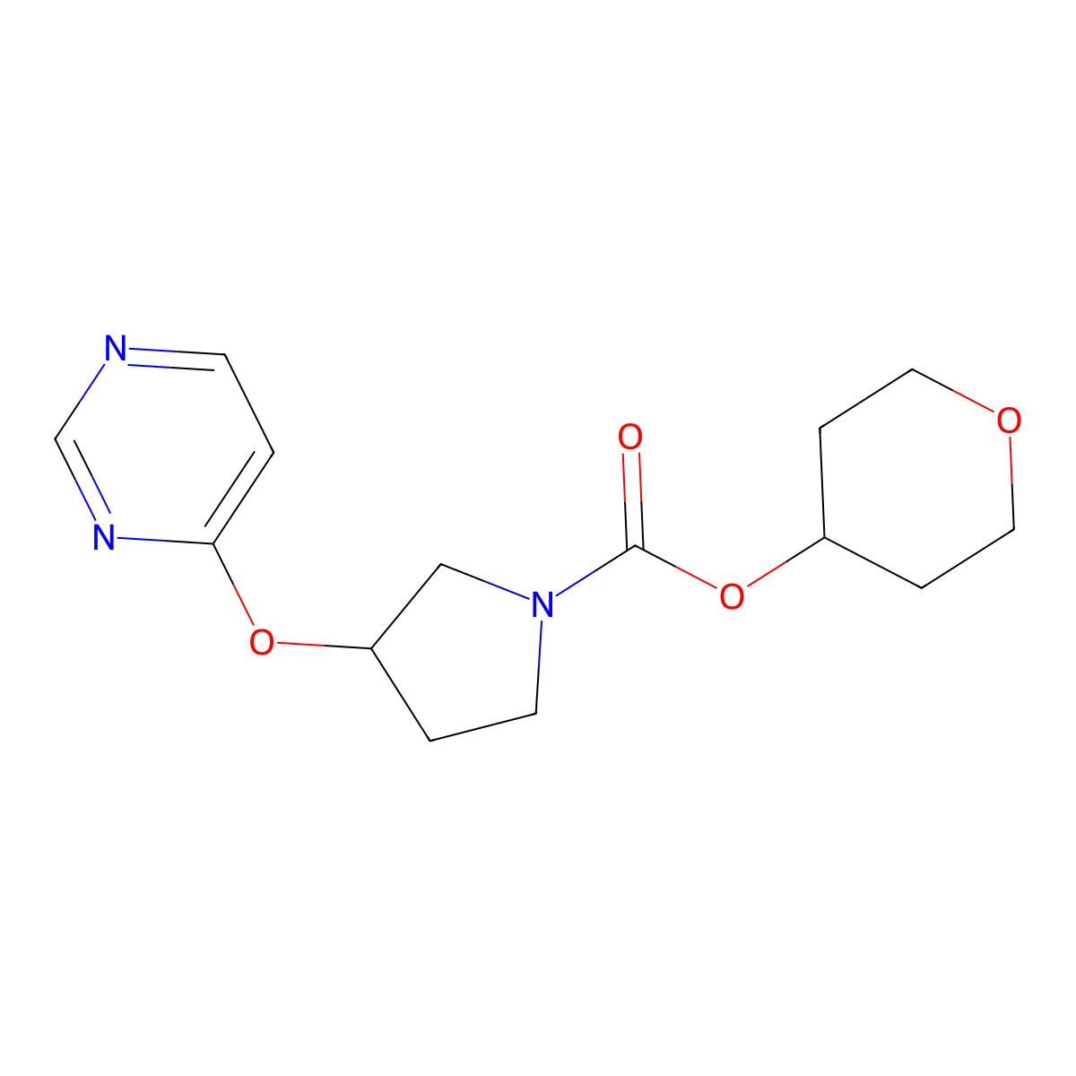 tetrahydro-2H-pyran-4-yl 3-(pyrimidin-4-yloxy)pyrrolidine-1-carboxylate molecular structure, CAS 2034297-79-3