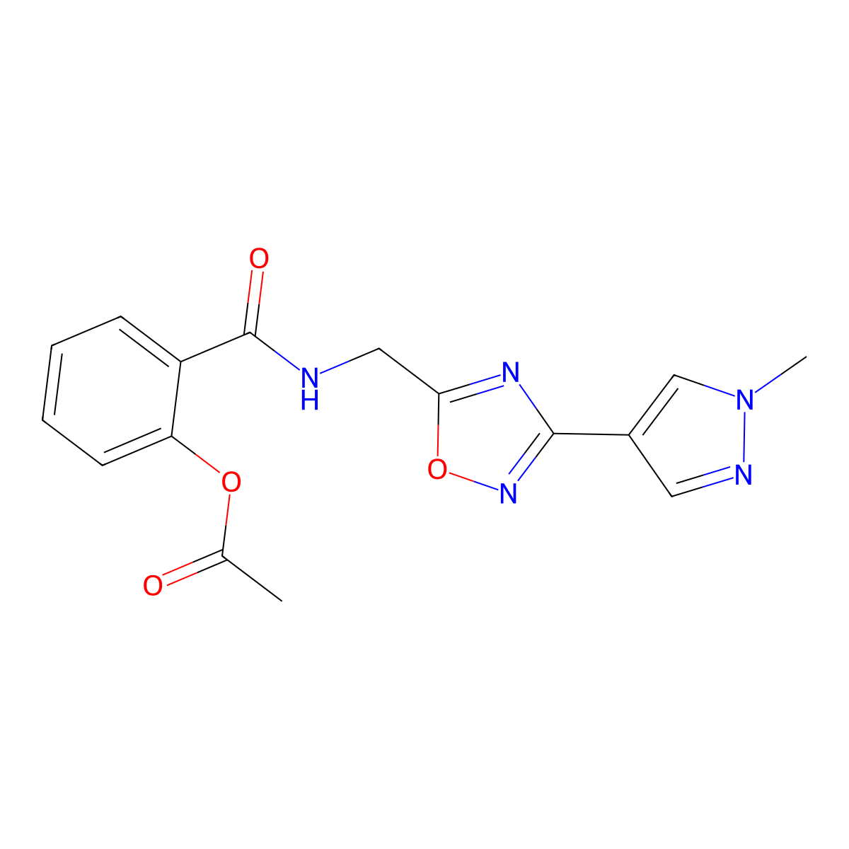 2-(((3-(1-methyl-1H-pyrazol-4-yl)-1,2,4-oxadiazol-5-yl)methyl)carbamoyl)phenyl acetate molecular structure, CAS 2034297-83-9
