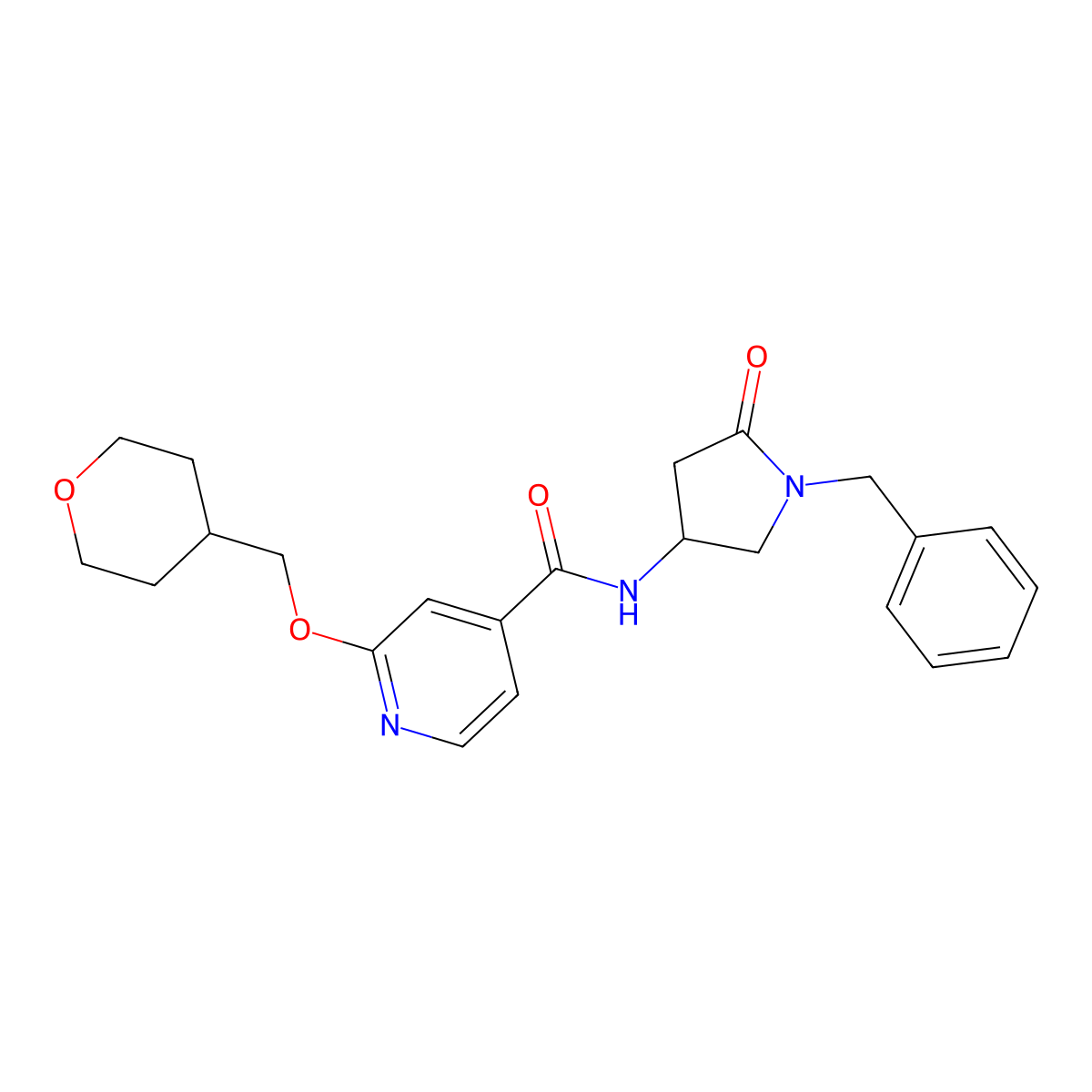 N-(1-benzyl-5-oxopyrrolidin-3-yl)-2-((tetrahydro-2H-pyran-4-yl)methoxy)isonicotinamide molecular structure, CAS 2034297-84-0