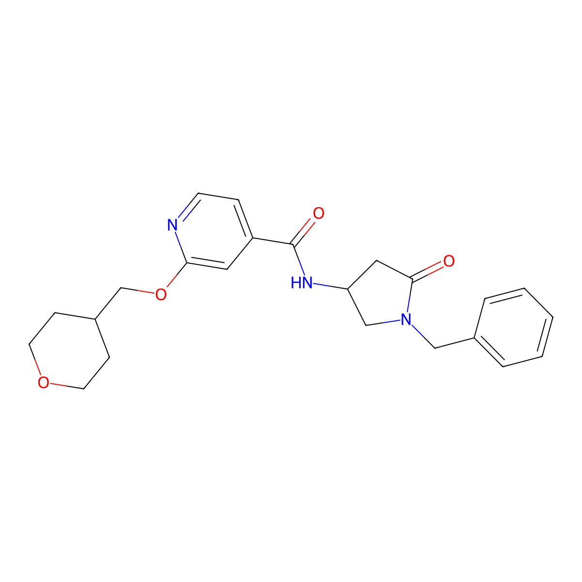 N-(1-benzyl-5-oxopyrrolidin-3-yl)-2-((tetrahydro-2H-pyran-4-yl)methoxy)isonicotinamide molecular structure, CAS 2034297-84-0