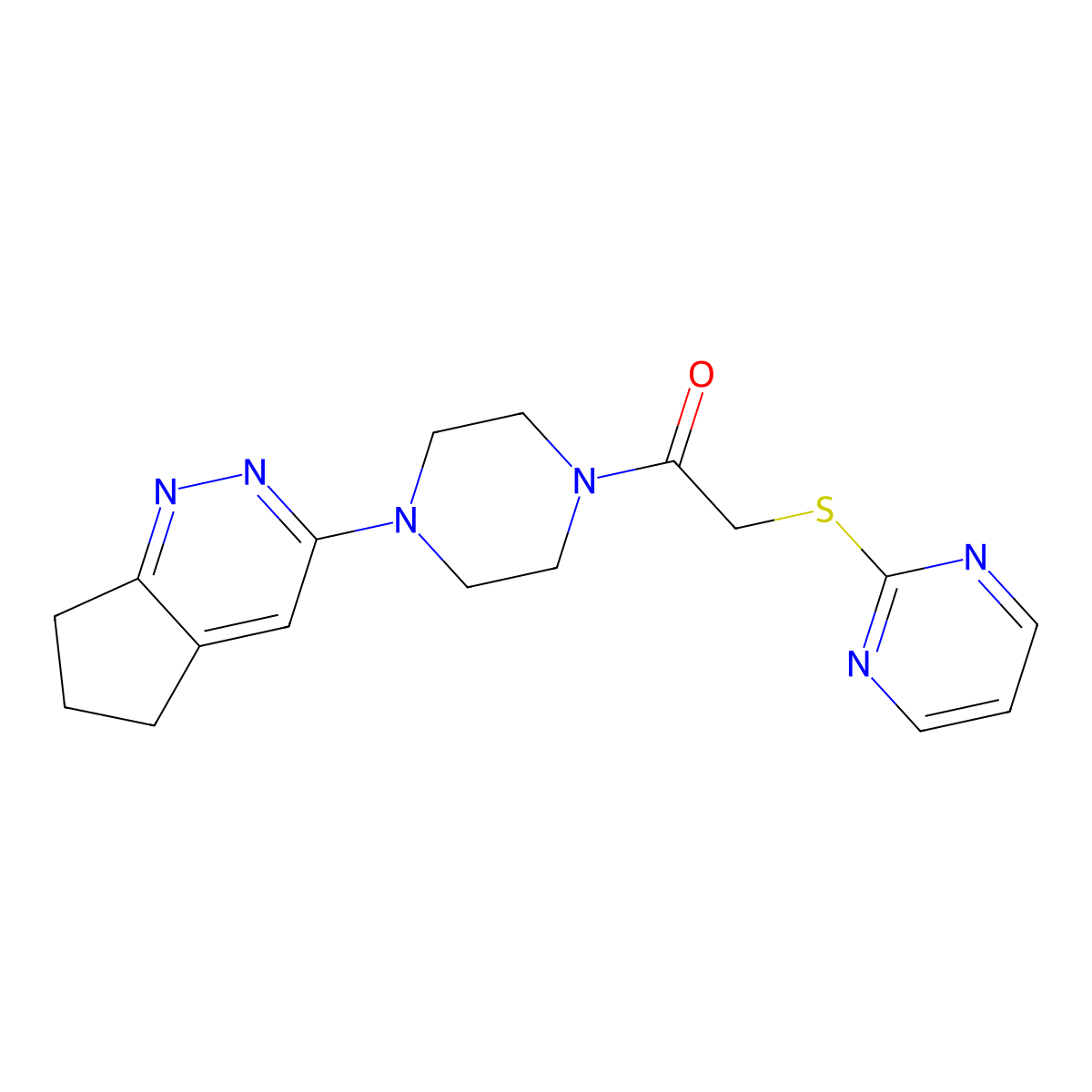 1-(4-(6,7-dihydro-5H-cyclopenta[c]pyridazin-3-yl)piperazin-1-yl)-2-(pyrimidin-2-ylthio)ethanone molecular structure, CAS 2034297-97-5