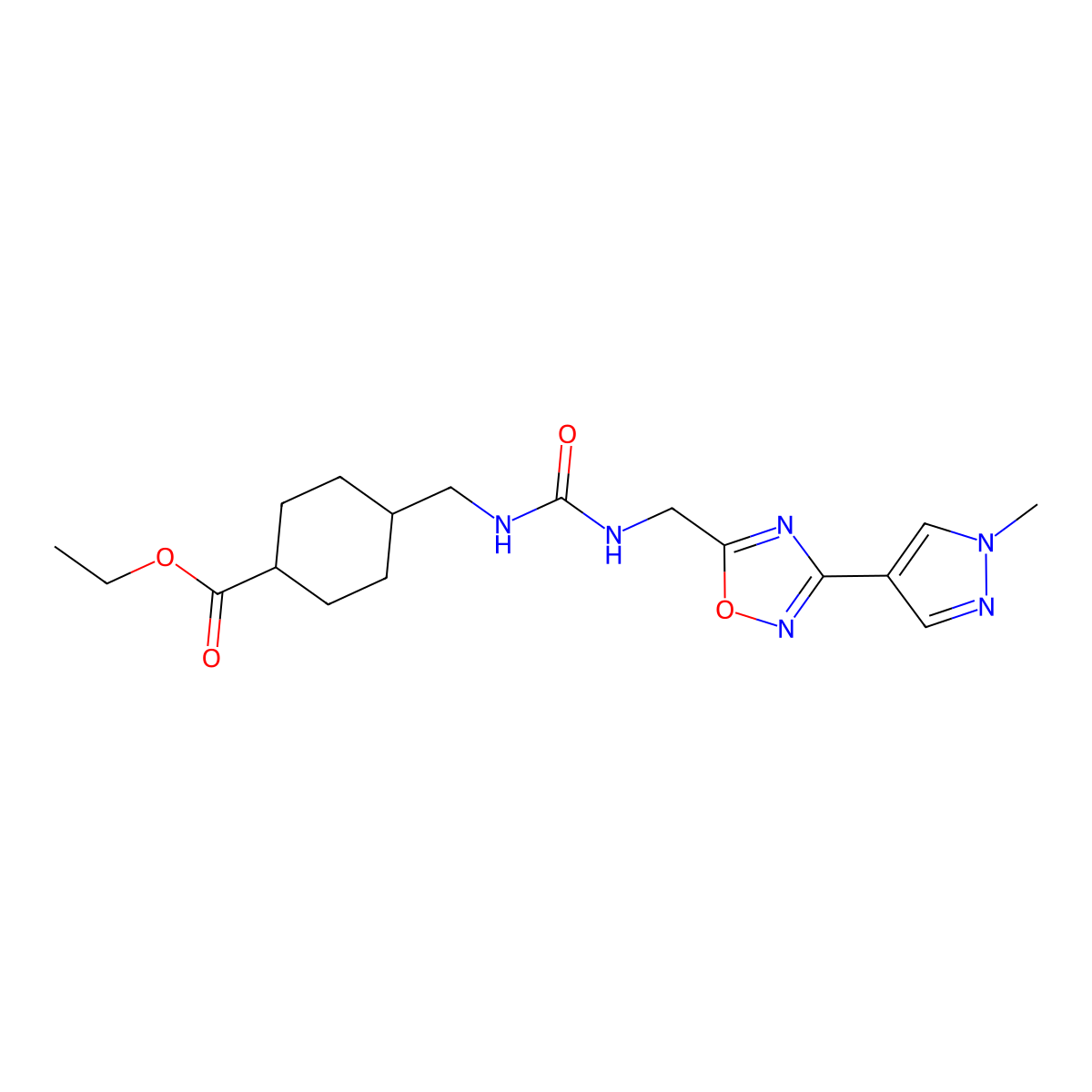 ethyl 4-((3-((3-(1-methyl-1H-pyrazol-4-yl)-1,2,4-oxadiazol-5-yl)methyl)ureido)methyl)cyclohexanecarboxylate molecular structure, CAS 2034297-98-6