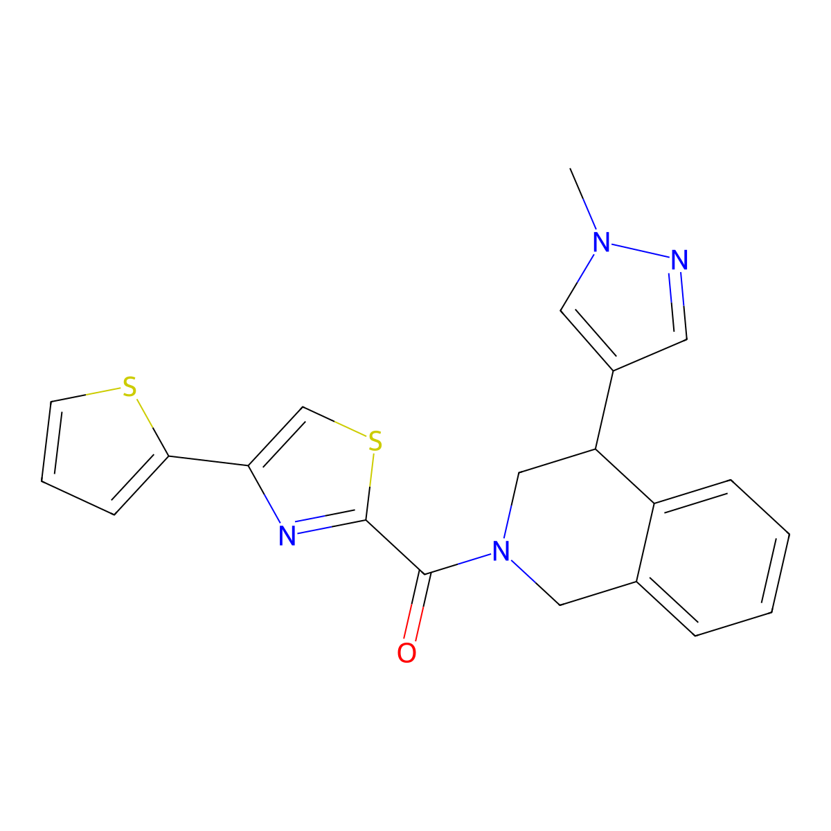 (4-(1-methyl-1H-pyrazol-4-yl)-3,4-dihydroisoquinolin-2(1H)-yl)(4-(thiophen-2-yl)thiazol-2-yl)methanone molecular structure, CAS 2034298-03-6