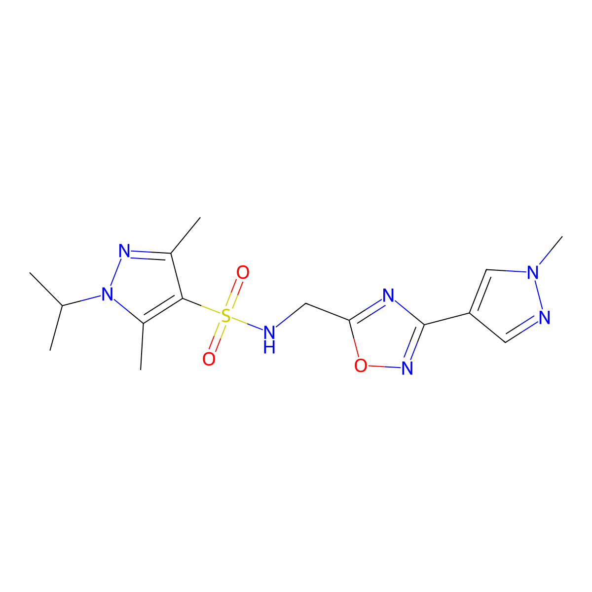1-isopropyl-3,5-dimethyl-N-((3-(1-methyl-1H-pyrazol-4-yl)-1,2,4-oxadiazol-5-yl)methyl)-1H-pyrazole-4-sulfonamide molecular structure, CAS 2034298-16-1