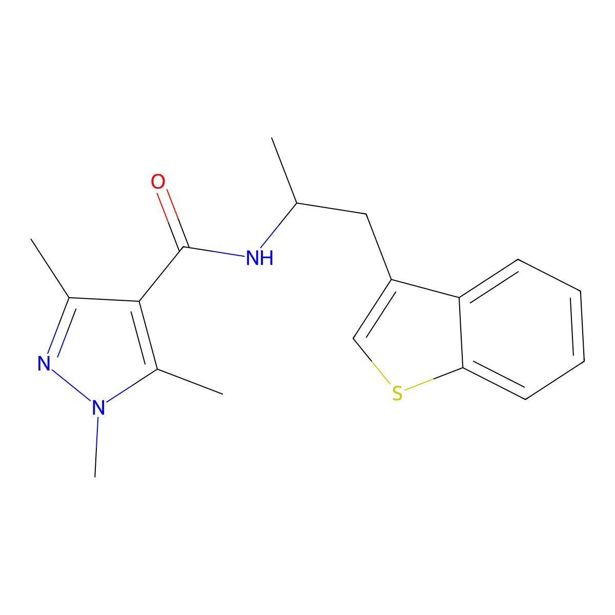 N-(1-(benzo[b]thiophen-3-yl)propan-2-yl)-1,3,5-trimethyl-1H-pyrazole-4-carboxamide molecular structure, CAS 2034298-29-6