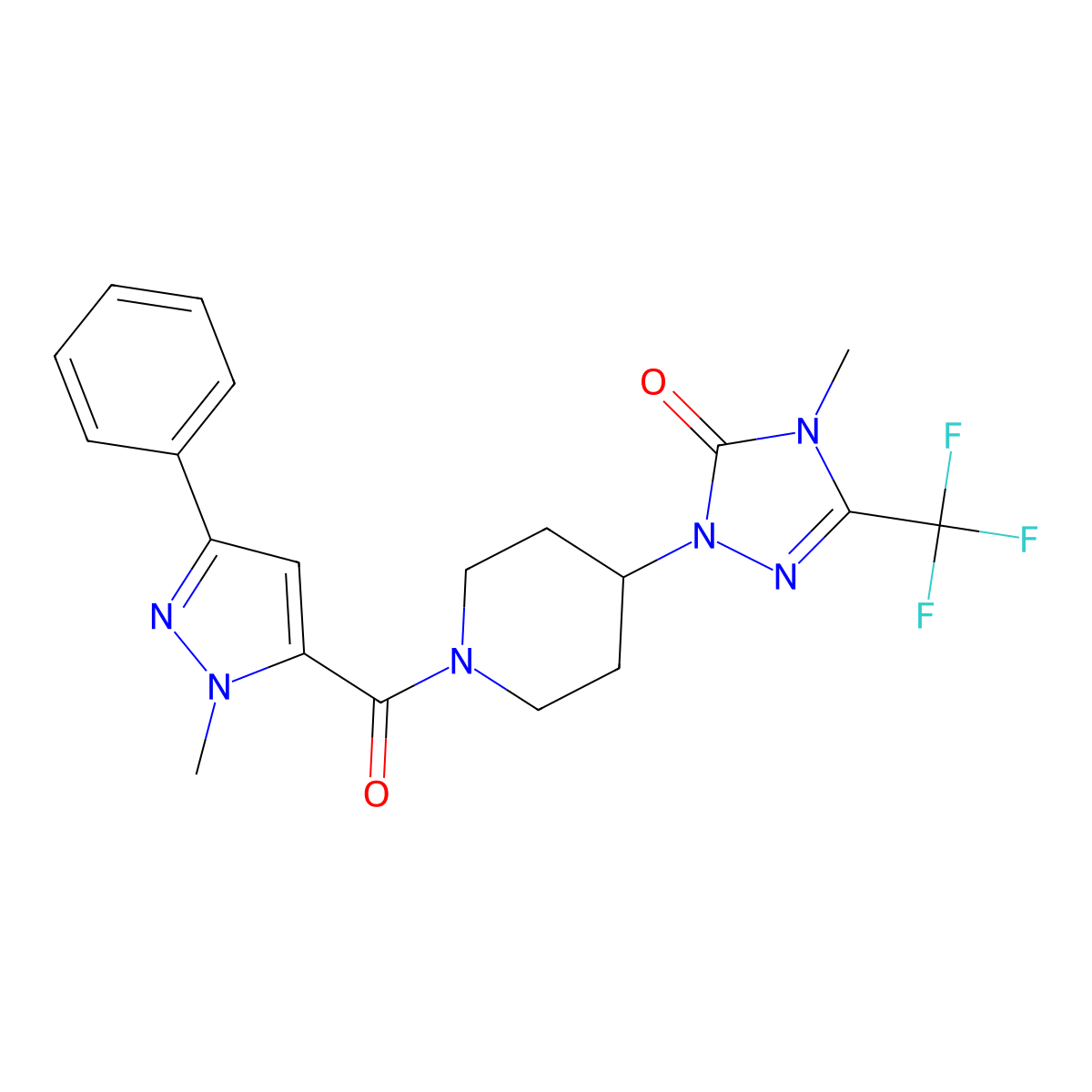 4-methyl-1-[1-(1-methyl-3-phenyl-1H-pyrazole-5-carbonyl)piperidin-4-yl]-3-(trifluoromethyl)-4,5-dihydro-1H-1,2,4-triazol-5-one molecular structure, CAS 2034298-30-9