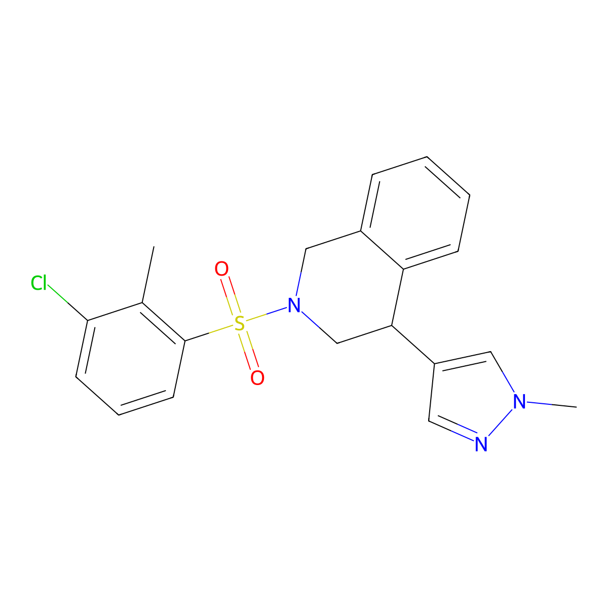 2-((3-chloro-2-methylphenyl)sulfonyl)-4-(1-methyl-1H-pyrazol-4-yl)-1,2,3,4-tetrahydroisoquinoline molecular structure, CAS 2034298-36-5