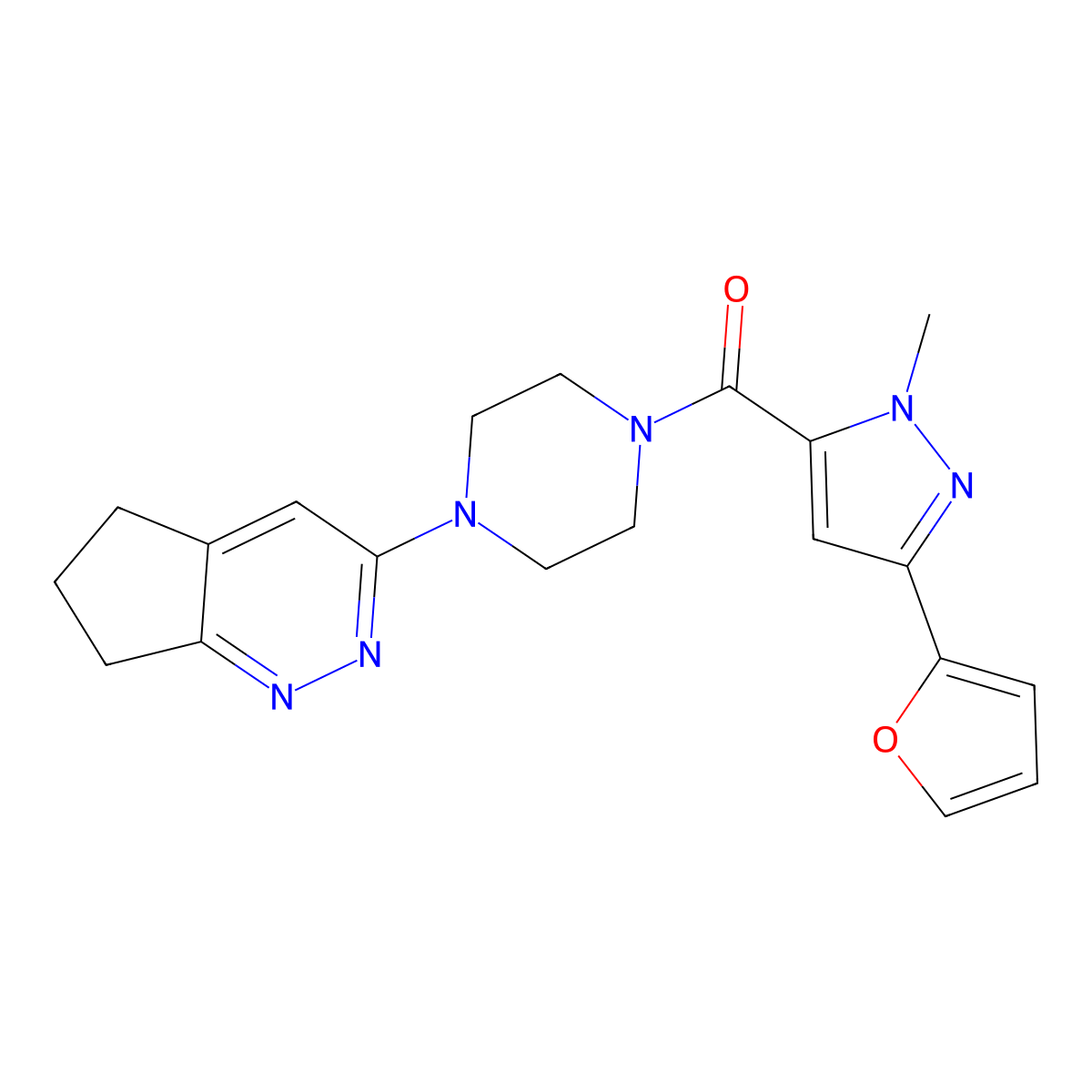 1-{5H,6H,7H-cyclopenta[c]pyridazin-3-yl}-4-[3-(furan-2-yl)-1-methyl-1H-pyrazole-5-carbonyl]piperazine molecular structure, CAS 2034298-48-9