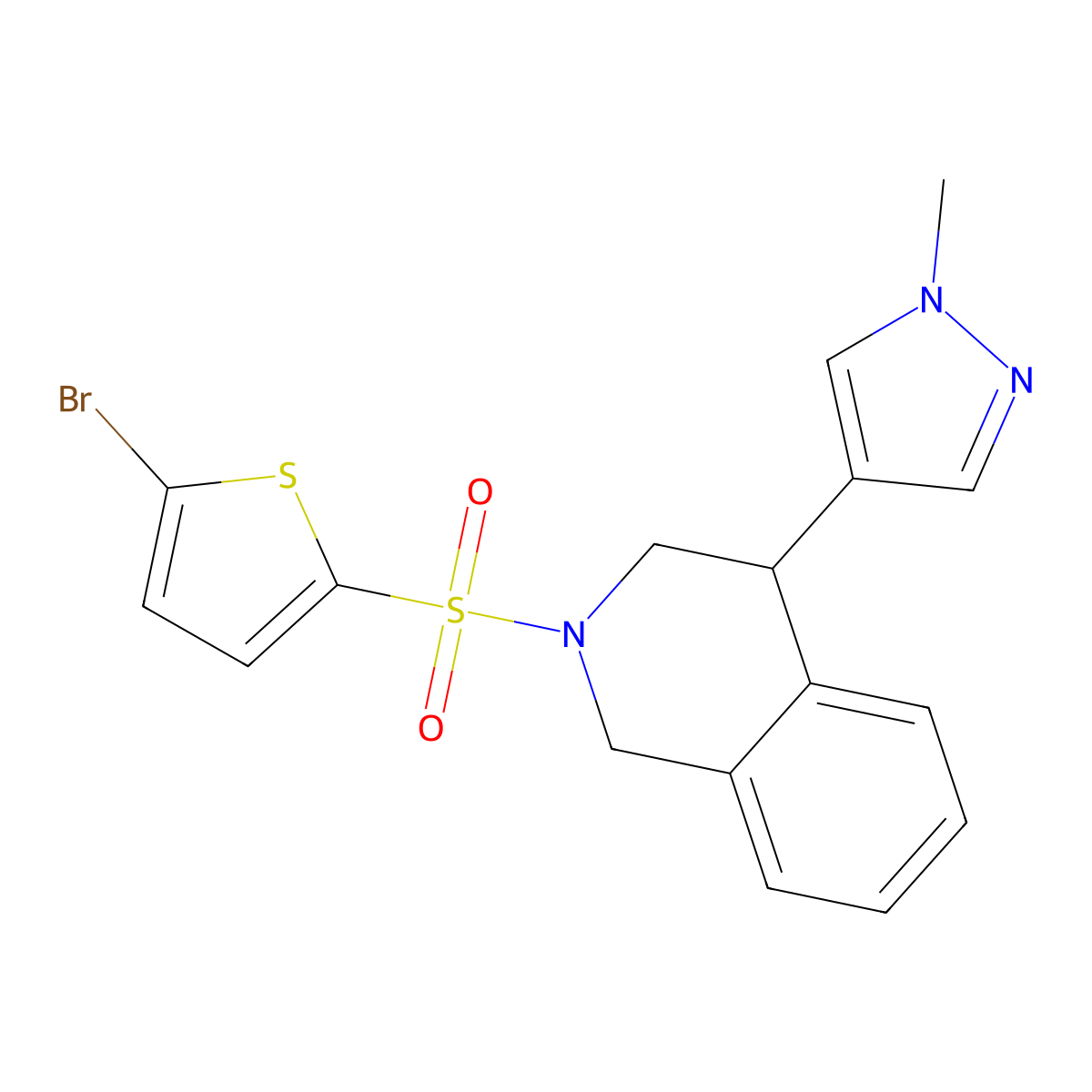 2-[(5-bromothiophen-2-yl)sulfonyl]-4-(1-methyl-1H-pyrazol-4-yl)-1,2,3,4-tetrahydroisoquinoline molecular structure, CAS 2034298-53-6