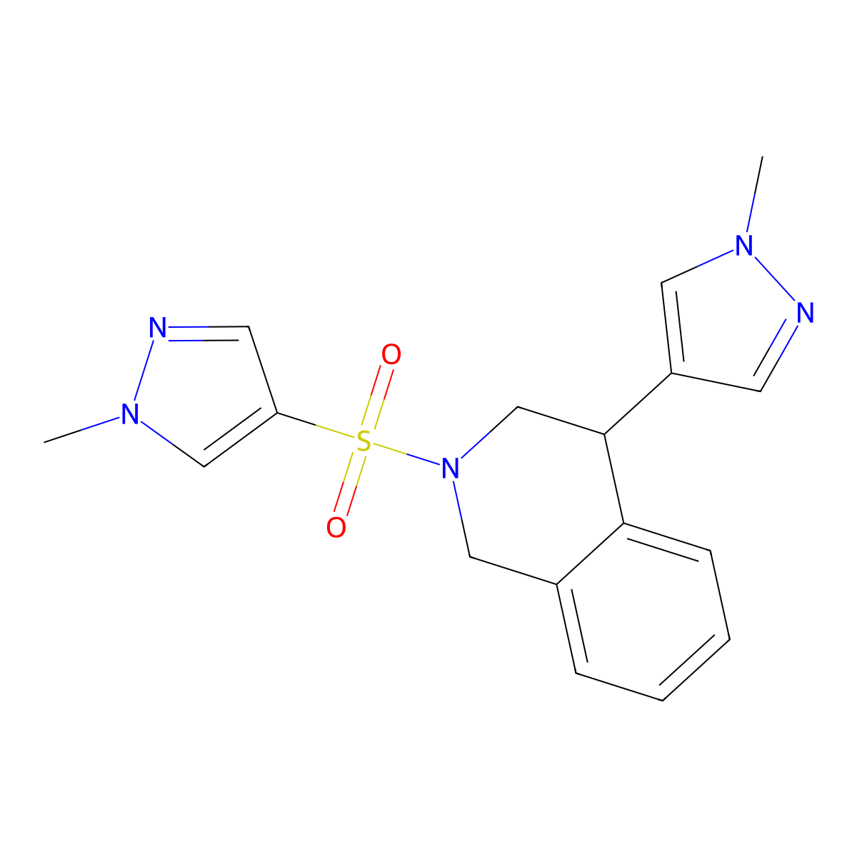 4-(1-methyl-1H-pyrazol-4-yl)-2-[(1-methyl-1H-pyrazol-4-yl)sulfonyl]-1,2,3,4-tetrahydroisoquinoline molecular structure, CAS 2034298-59-2