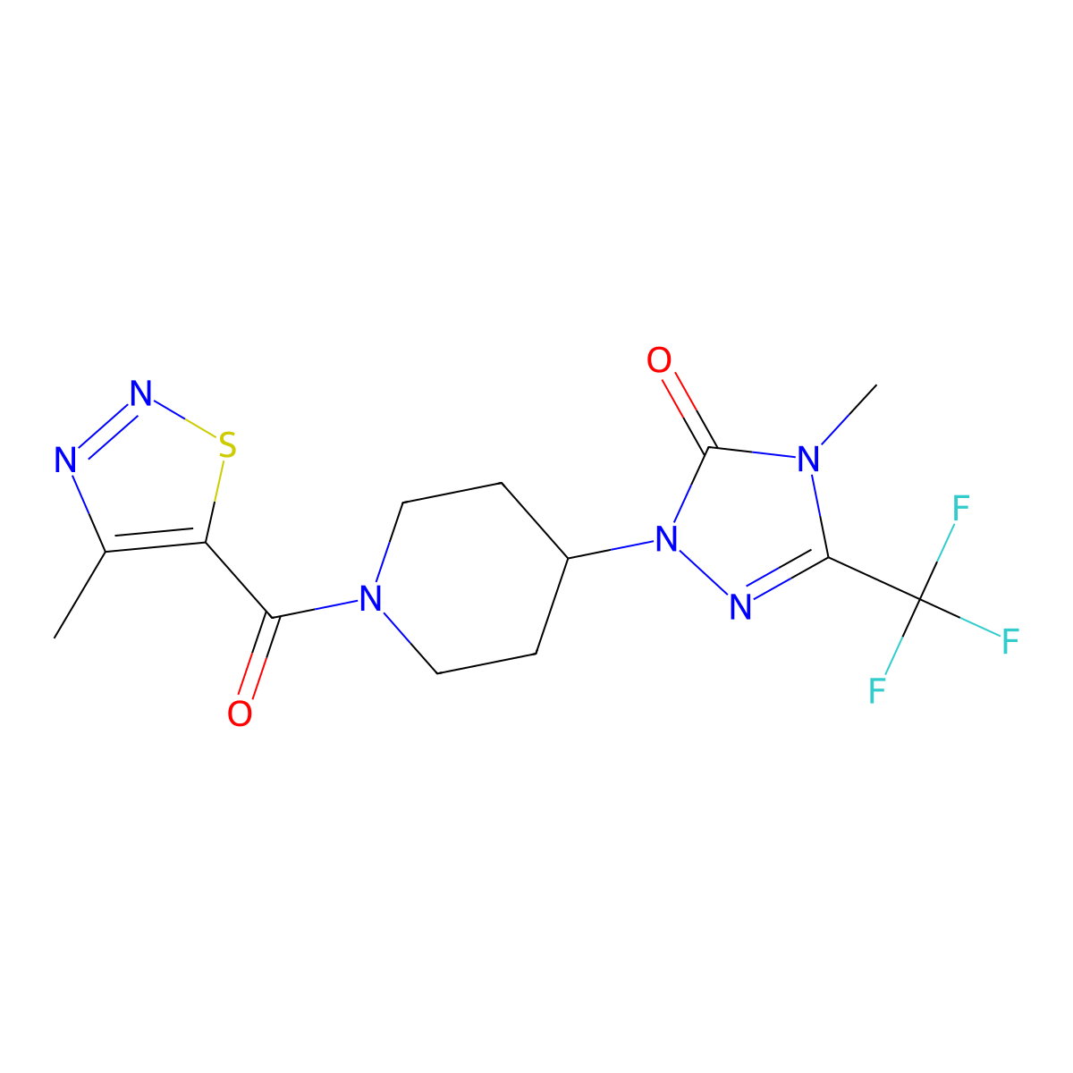 4-methyl-1-[1-(4-methyl-1,2,3-thiadiazole-5-carbonyl)piperidin-4-yl]-3-(trifluoromethyl)-4,5-dihydro-1H-1,2,4-triazol-5-one molecular structure, CAS 2034298-67-2