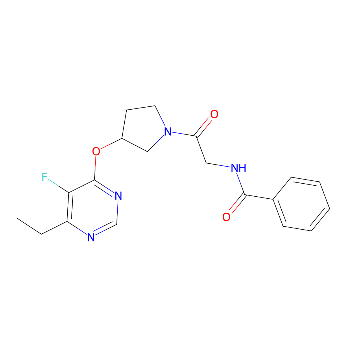 N-(2-(3-((6-ethyl-5-fluoropyrimidin-4-yl)oxy)pyrrolidin-1-yl)-2-oxoethyl)benzamide molecular structure, CAS 2034298-71-8