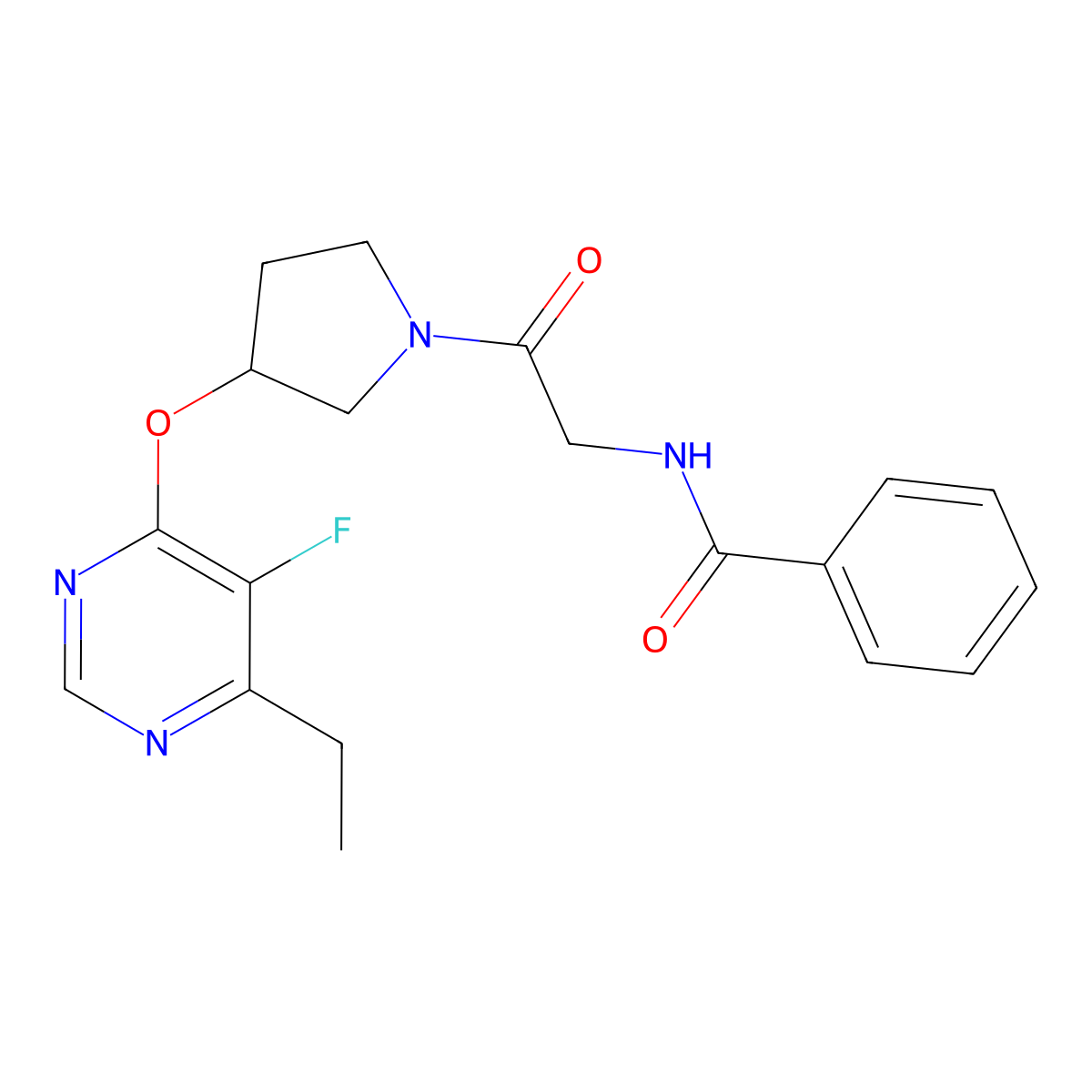 N-(2-(3-((6-ethyl-5-fluoropyrimidin-4-yl)oxy)pyrrolidin-1-yl)-2-oxoethyl)benzamide molecular structure, CAS 2034298-71-8