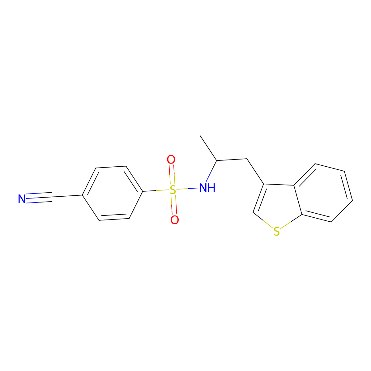 N-(1-(benzo[b]thiophen-3-yl)propan-2-yl)-4-cyanobenzenesulfonamide molecular structure, CAS 2034298-73-0