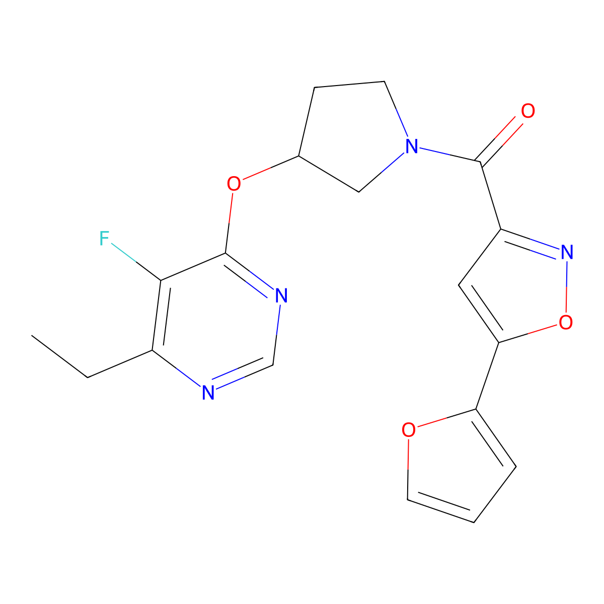 (3-((6-Ethyl-5-fluoropyrimidin-4-yl)oxy)pyrrolidin-1-yl)(5-(furan-2-yl)isoxazol-3-yl)methanone molecular structure, CAS 2034298-77-4