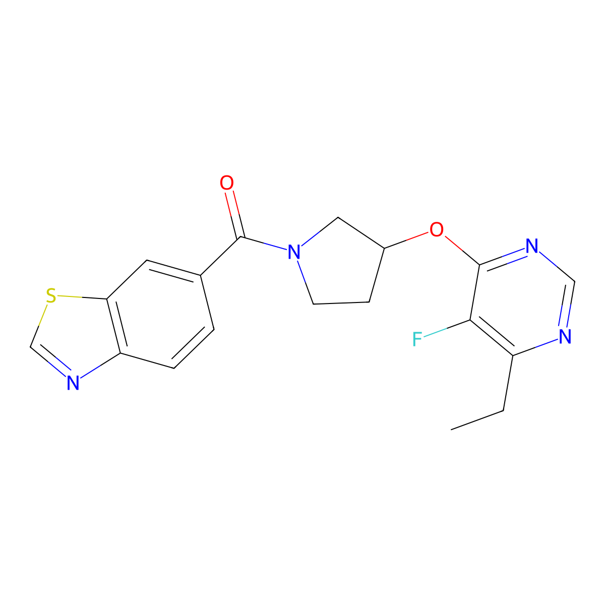 Benzo[d]thiazol-6-yl(3-((6-ethyl-5-fluoropyrimidin-4-yl)oxy)pyrrolidin-1-yl)methanone molecular structure, CAS 2034298-88-7