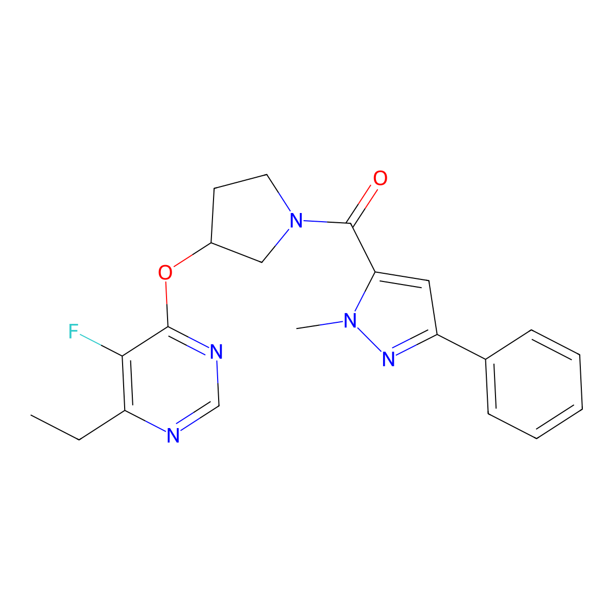 (3-((6-ethyl-5-fluoropyrimidin-4-yl)oxy)pyrrolidin-1-yl)(1-methyl-3-phenyl-1H-pyrazol-5-yl)methanone molecular structure, CAS 2034298-93-4