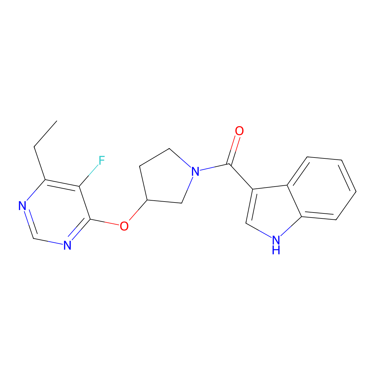 (3-((6-ethyl-5-fluoropyrimidin-4-yl)oxy)pyrrolidin-1-yl)(1H-indol-3-yl)methanone molecular structure, CAS 2034299-05-1