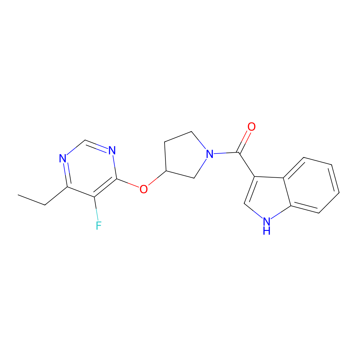 (3-((6-ethyl-5-fluoropyrimidin-4-yl)oxy)pyrrolidin-1-yl)(1H-indol-3-yl)methanone molecular structure, CAS 2034299-05-1