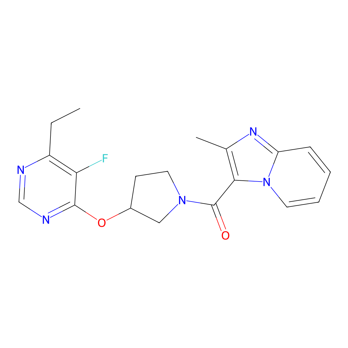 (3-((6-Ethyl-5-fluoropyrimidin-4-yl)oxy)pyrrolidin-1-yl)(2-methylimidazo[1,2-a]pyridin-3-yl)methanone molecular structure, CAS 2034299-10-8